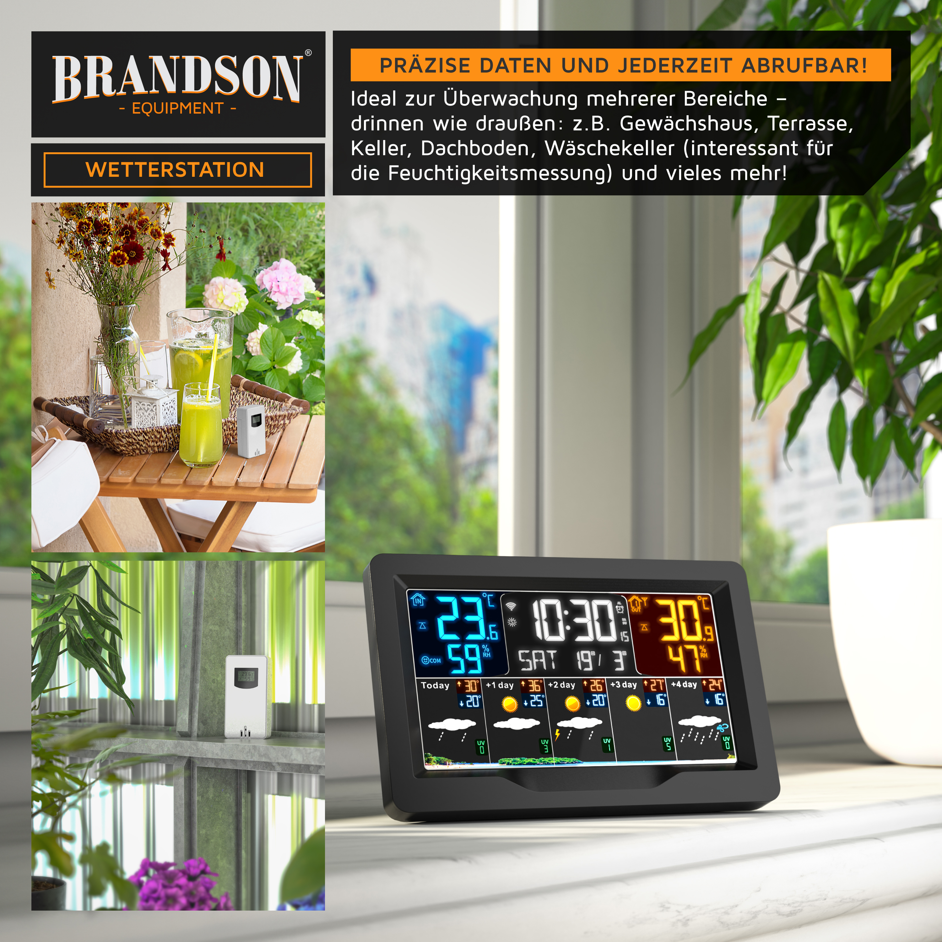 Brandson Wetterstation mit großem, farbigem Display zur Anzeige von Temperatur und Luftfeuchtigkeit, in modernem Design auf einem Fensterbrett platziert.