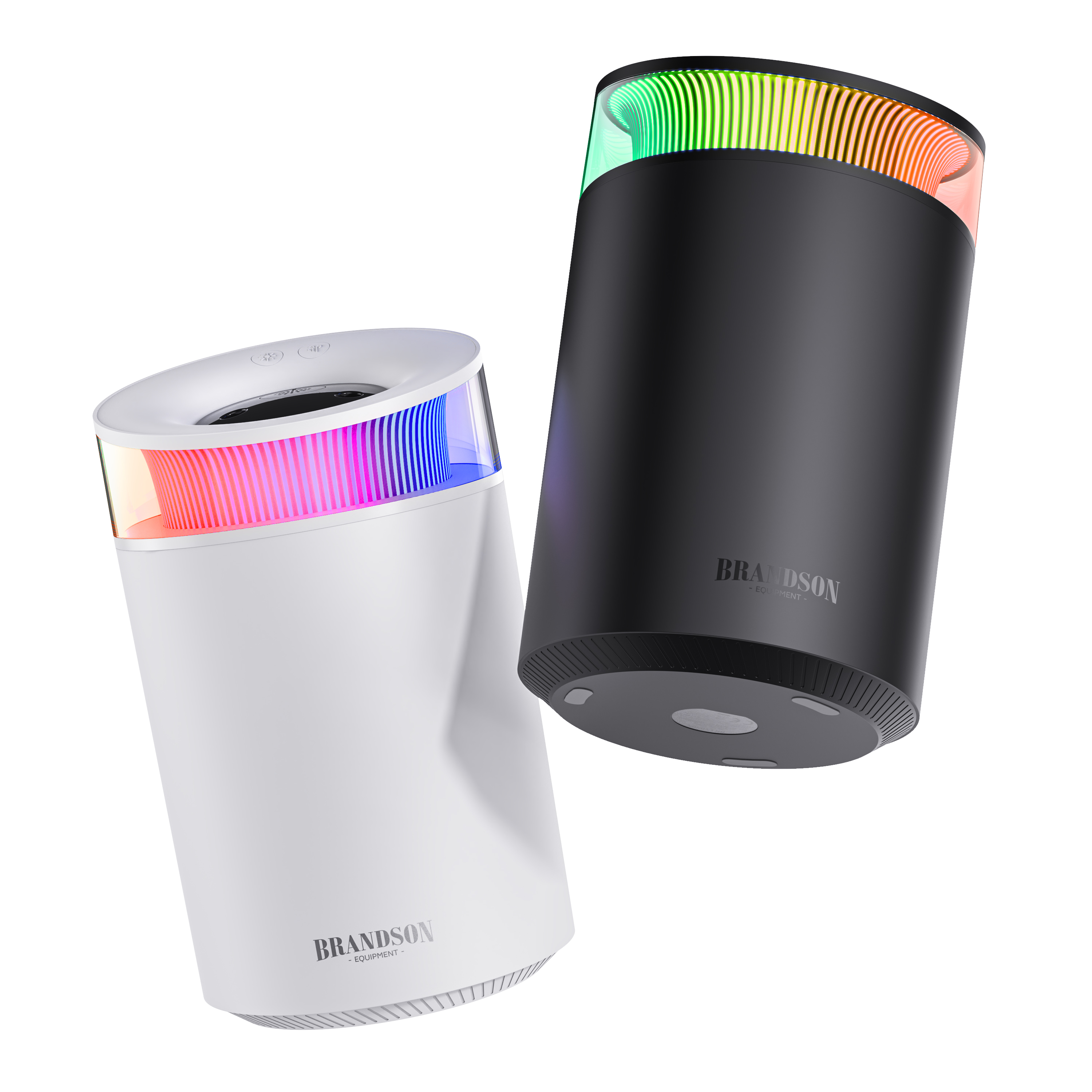 Mobiler Luftkühler von Brandson in Weiß und Schwarz mit buntem LED-Lichtband und Touch-Bedienfeld.