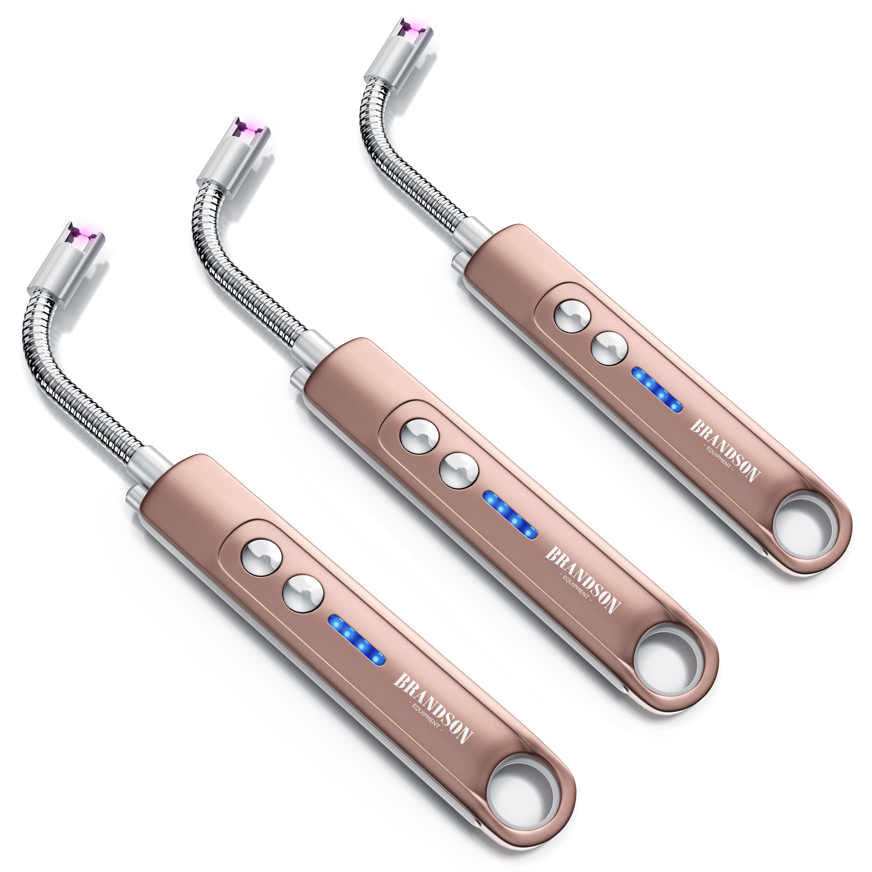 Brandson elektrisches Feuerzeug mit flexiblem Hals, in Roségold, ausgestattet mit Tasten und LED-Anzeige für einfache Bedienung.