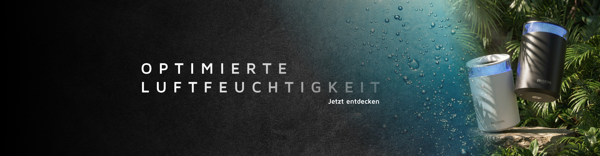 Brandson Luftbefeuchter in zwei Farben, grau und schwarz, mit blauer LED-Beleuchtung und modernem Design, ideal für die Luftfeuchtigkeit.