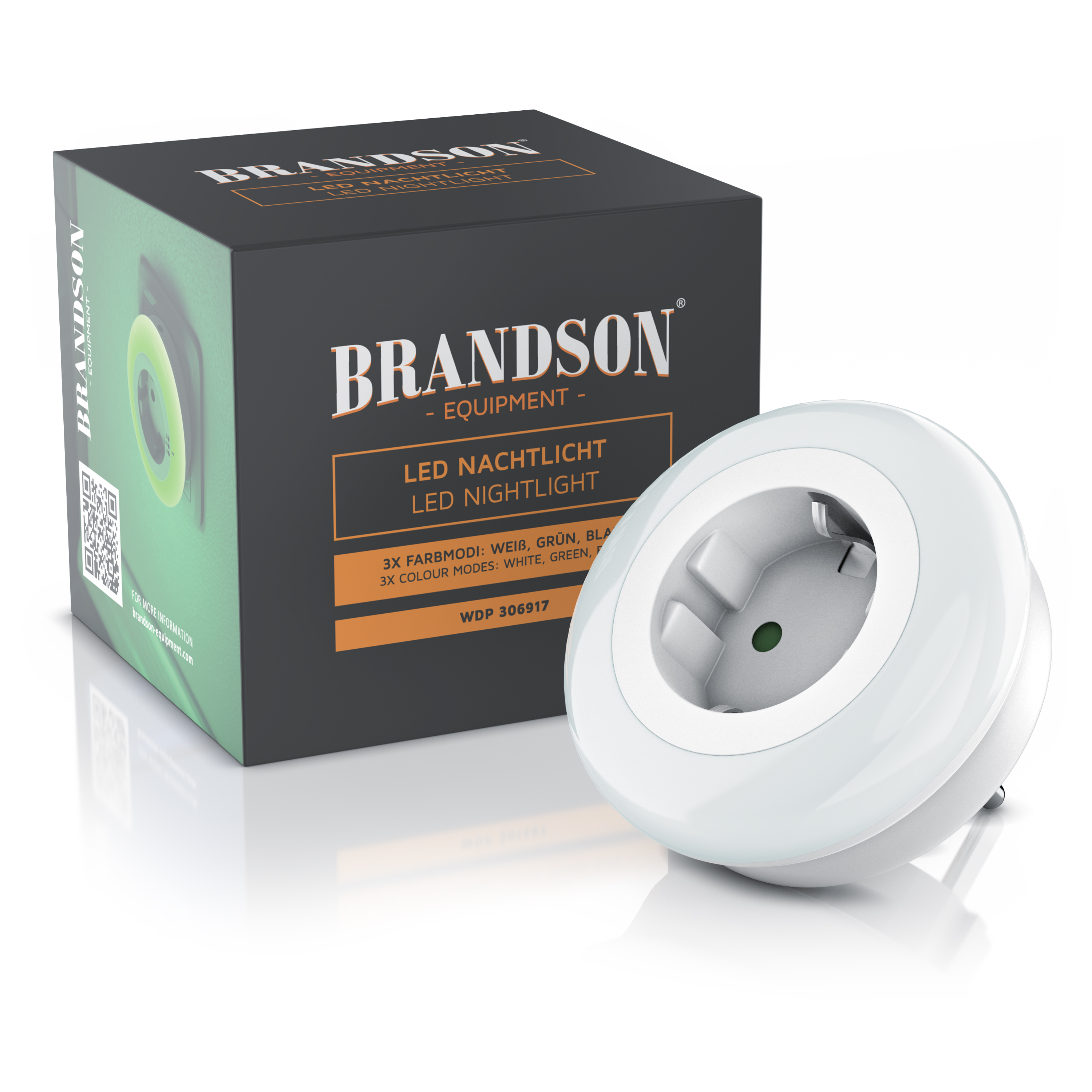 Brandson LED-Nachtlicht in Weiß mit rundem Design, Farbwechselfunktion und verpackt in einer schwarzen Box.