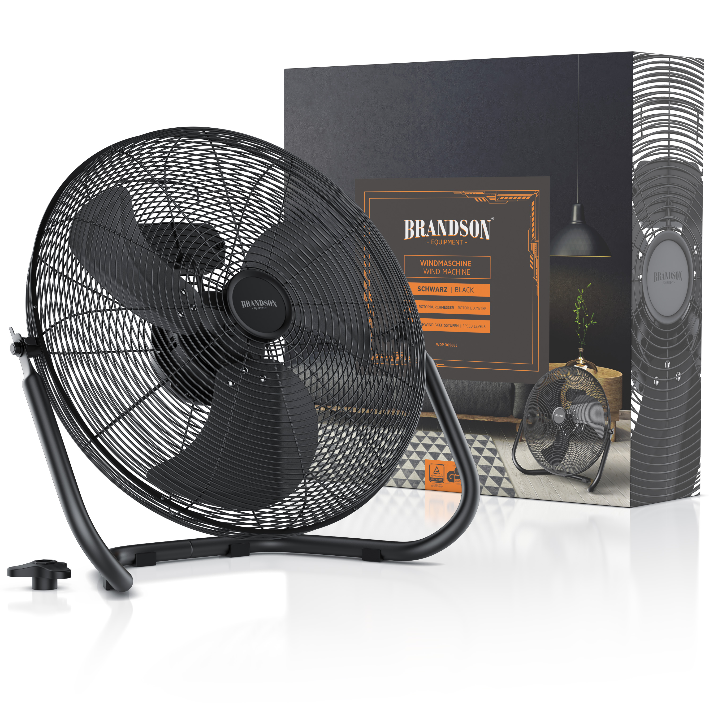 Windmaschine von Brandson in Schwarz mit stabilem Metallrahmen, Schutzgitter und sichtbarer Verpackungsbox.