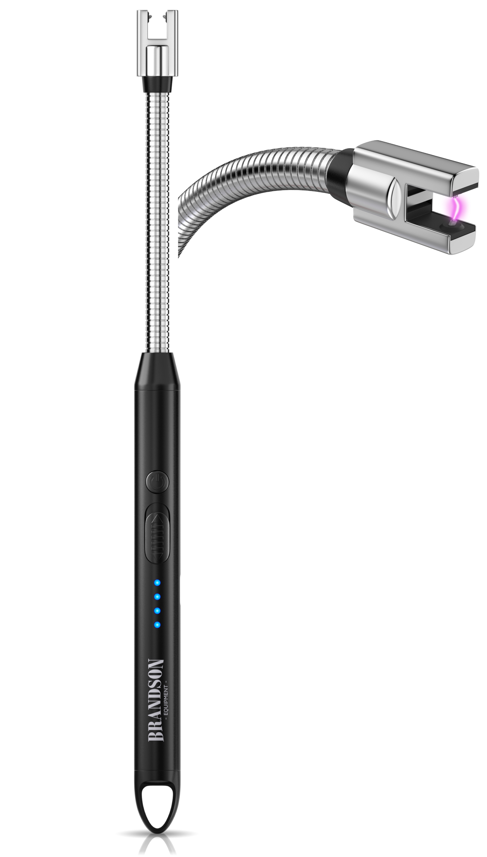 Brandson elektrisches Feuerzeug mit flexibler Edelstahlspitze und LED-Anzeige, ideal für Kerzen und Grillen.
