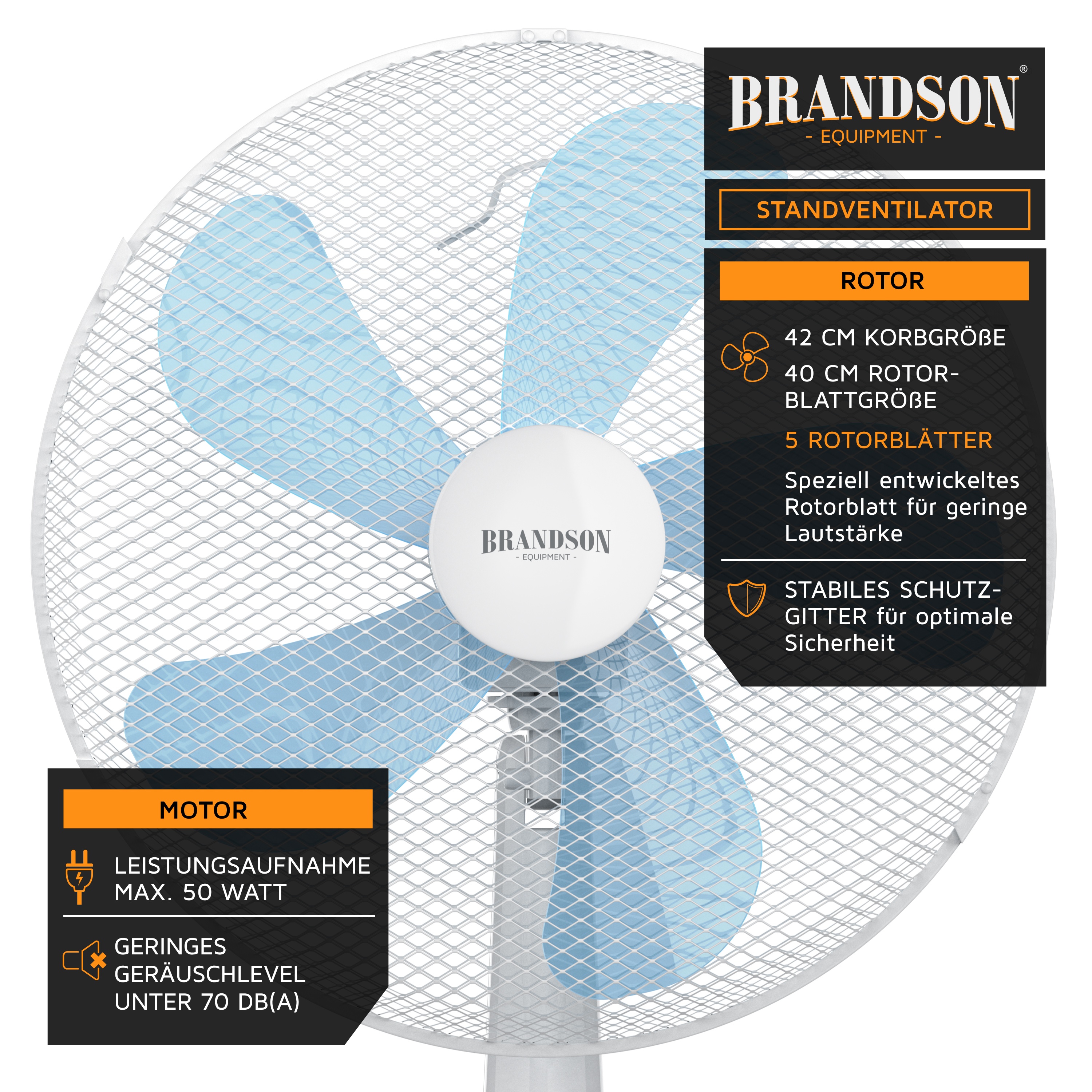 Brandson Standventilator mit 42 cm Korbgröße, blauen Rotorblättern und stabilem Schutzgitter für optimale Sicherheit.