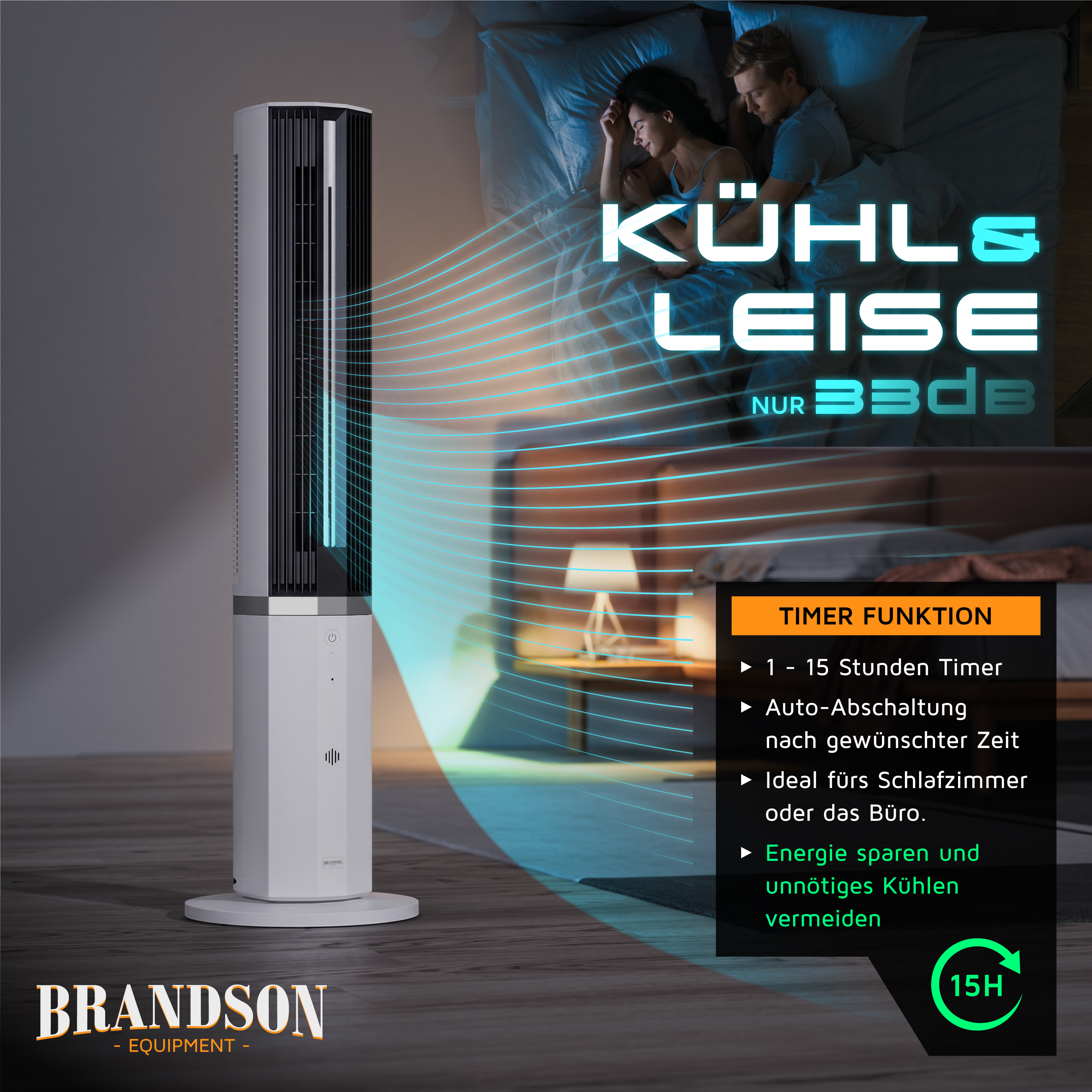 Brandson Turmventilator in Weiß mit elegantem Design, Bedienfeld und Timerfunktion, ideal für Schlafzimmer oder Büros.