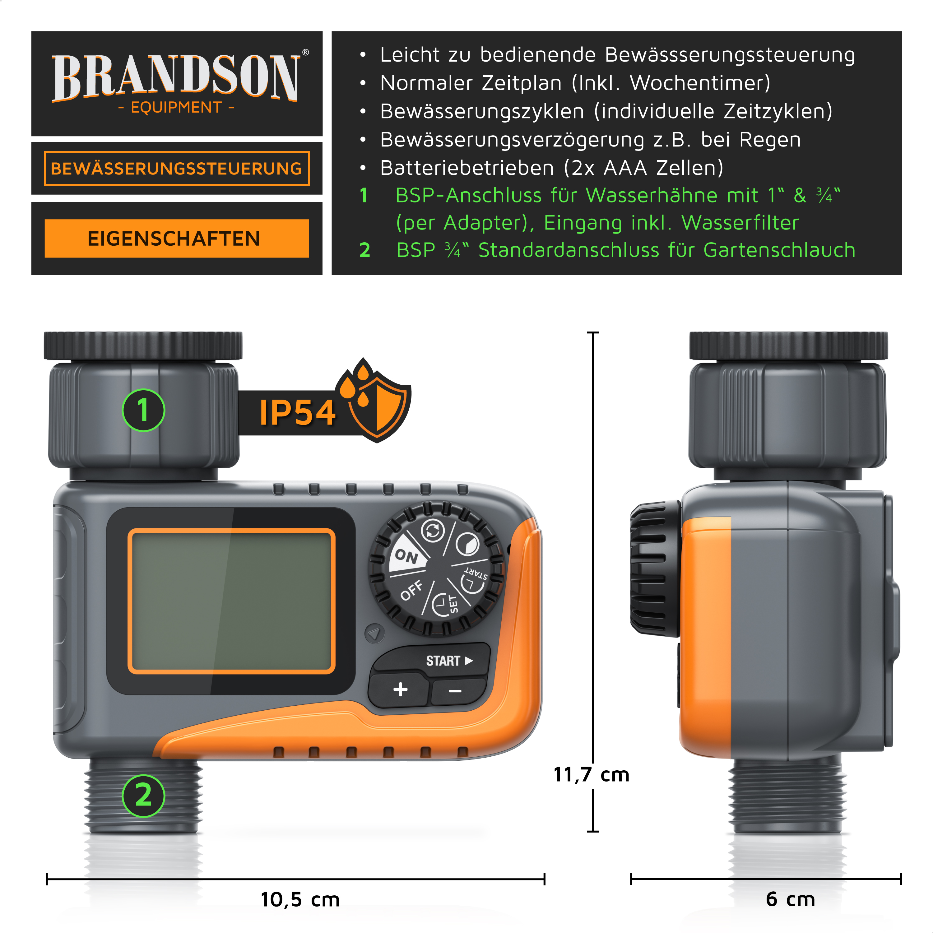 Brandson Bewässerungssteuerung mit digitalem Display, Bedienfeld, IP54-Schutz und Anschluss für Gartenschlauch, in grau und orange.