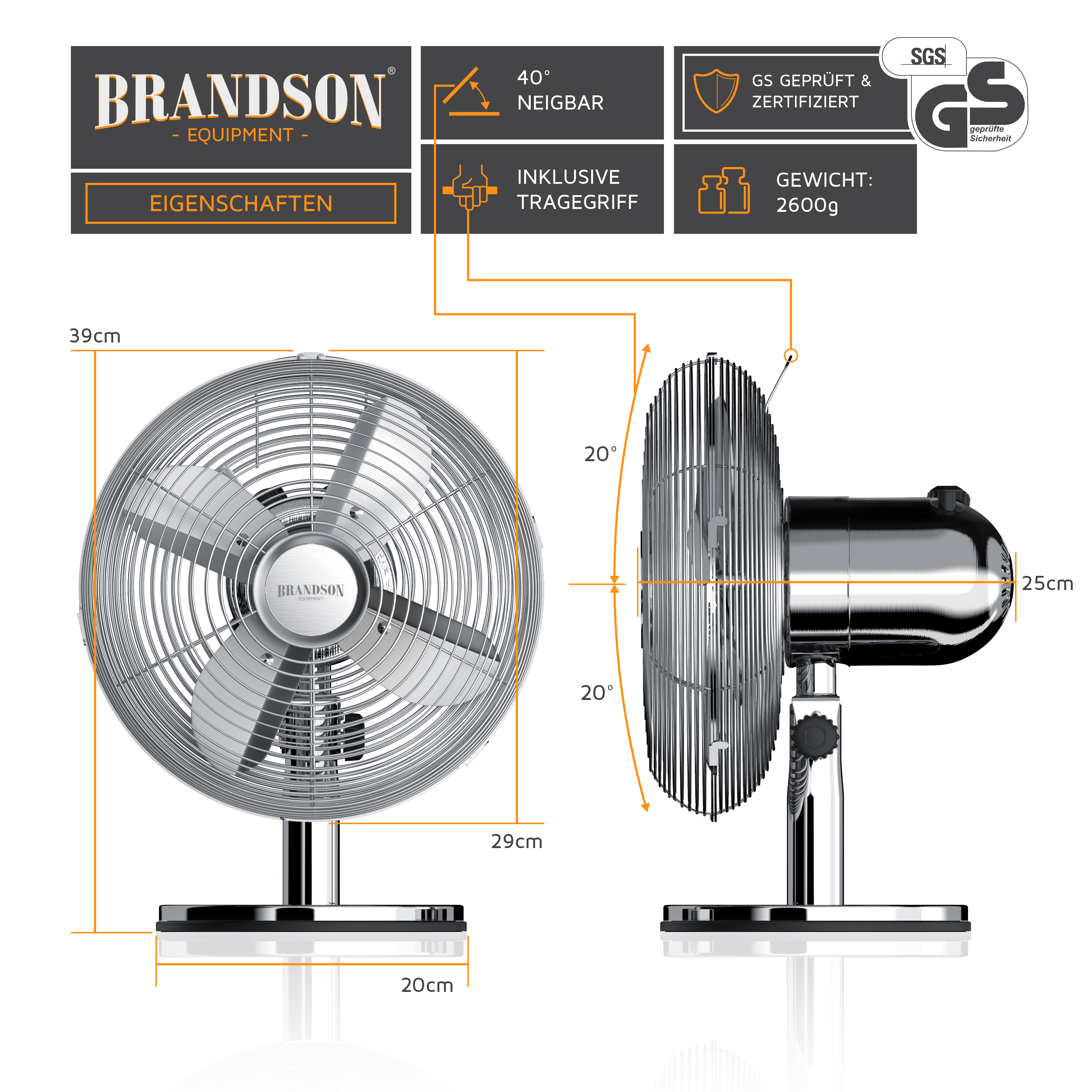 Brandson Standventilator mit verchromtem Gehäuse, neigbarem Kopf und stabilem Standfuß, inklusive Tragegriff für einfache Handhabung.