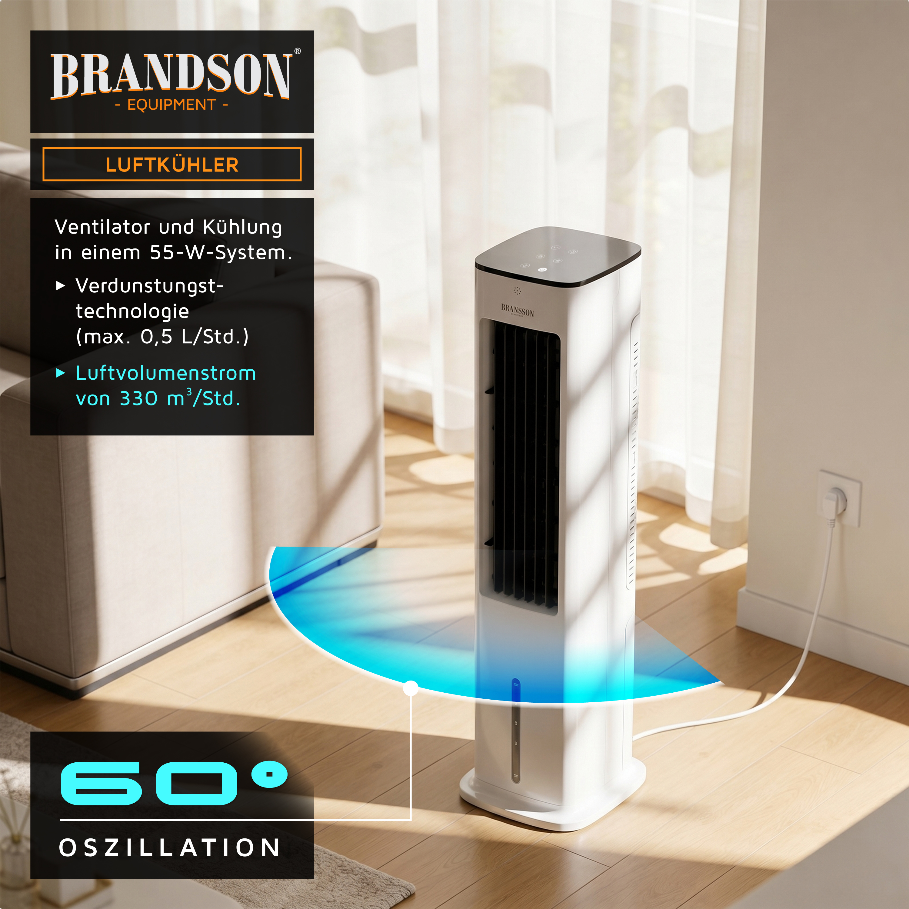 Brandson Luftkühler in Weiß mit einem modernen Design, Bedienfeld oben, schmalen Lüftungsschlitzen und einem stabilen Standfuß.