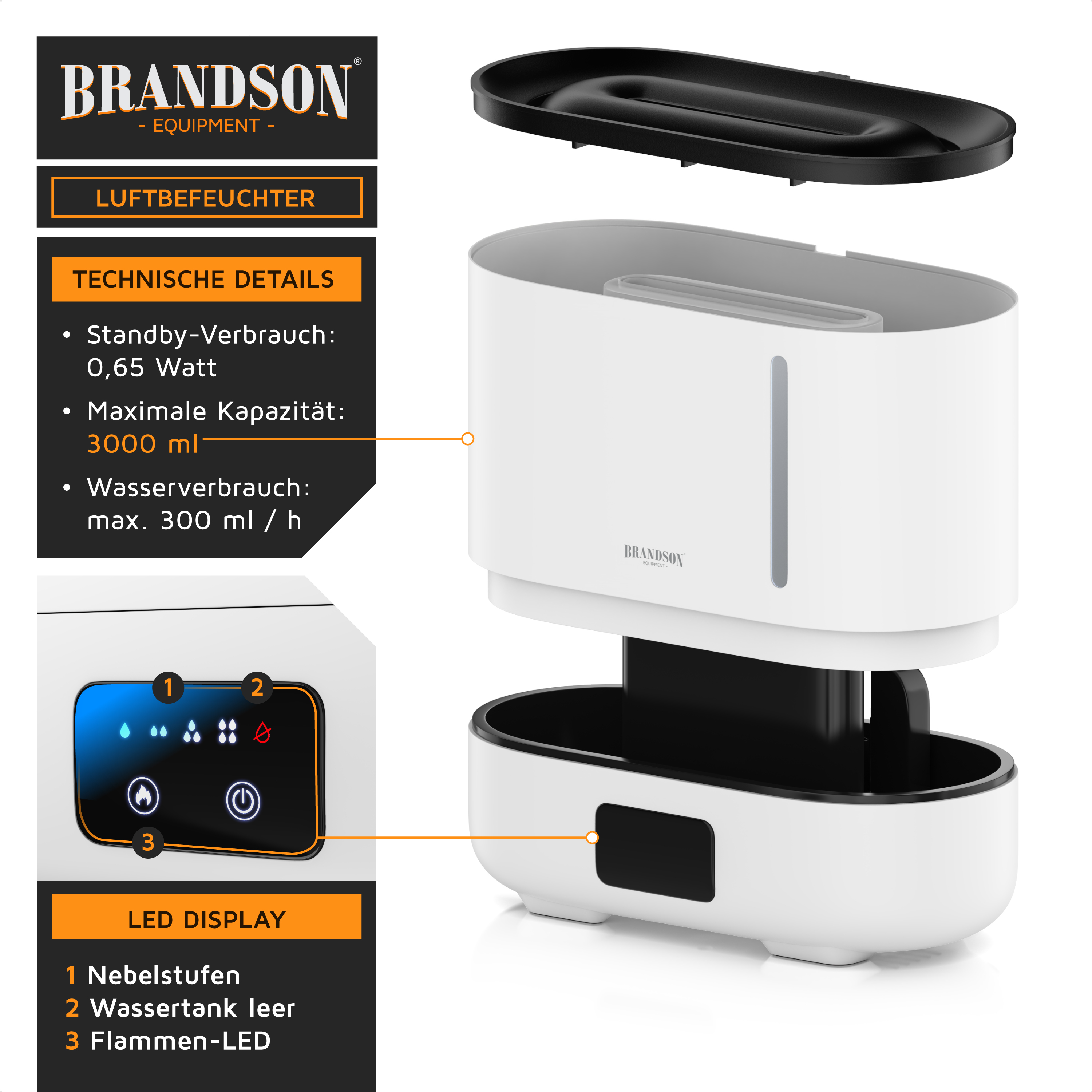Brandson Luftbefeuchter in Weiß mit abnehmbarem Deckel, LED-Display und Bedienfeld für Nebelstufen und Wasserstand.