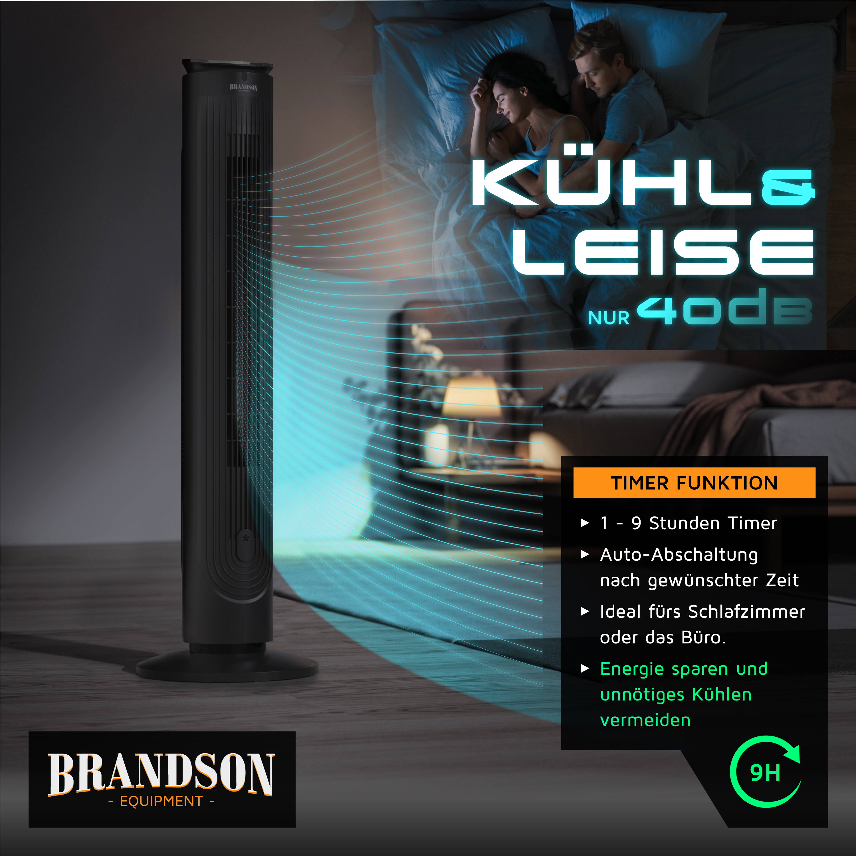 Brandson Turmventilator in Schwarz mit elegantem Design, Bedienfeld und Timerfunktion, ideal für Schlafzimmer und Büros.