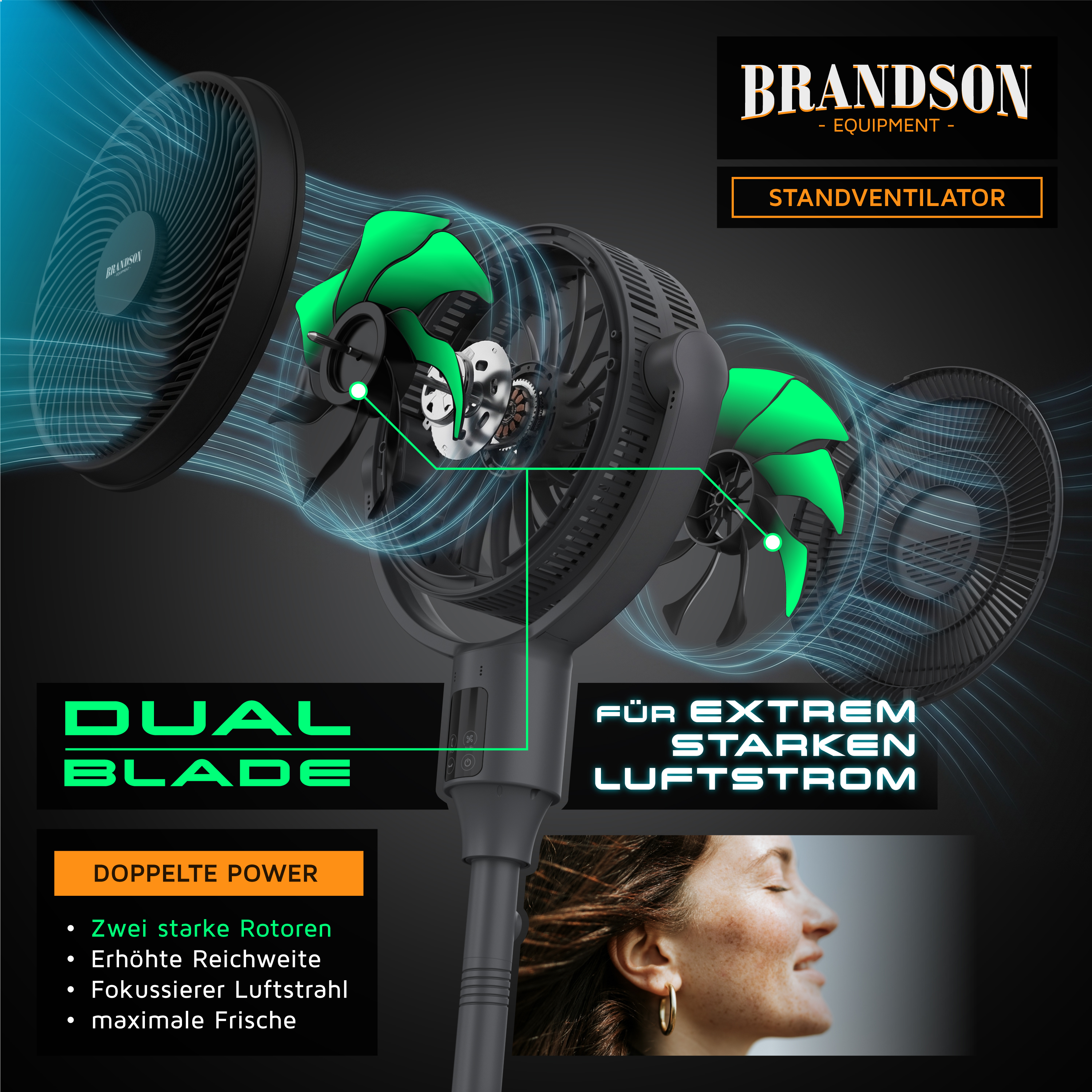 Brandson Standventilator mit Dual Blade-Technologie, schwarzem Gehäuse und grünem Akzent, für starken Luftstrom und verbesserte Reichweite.