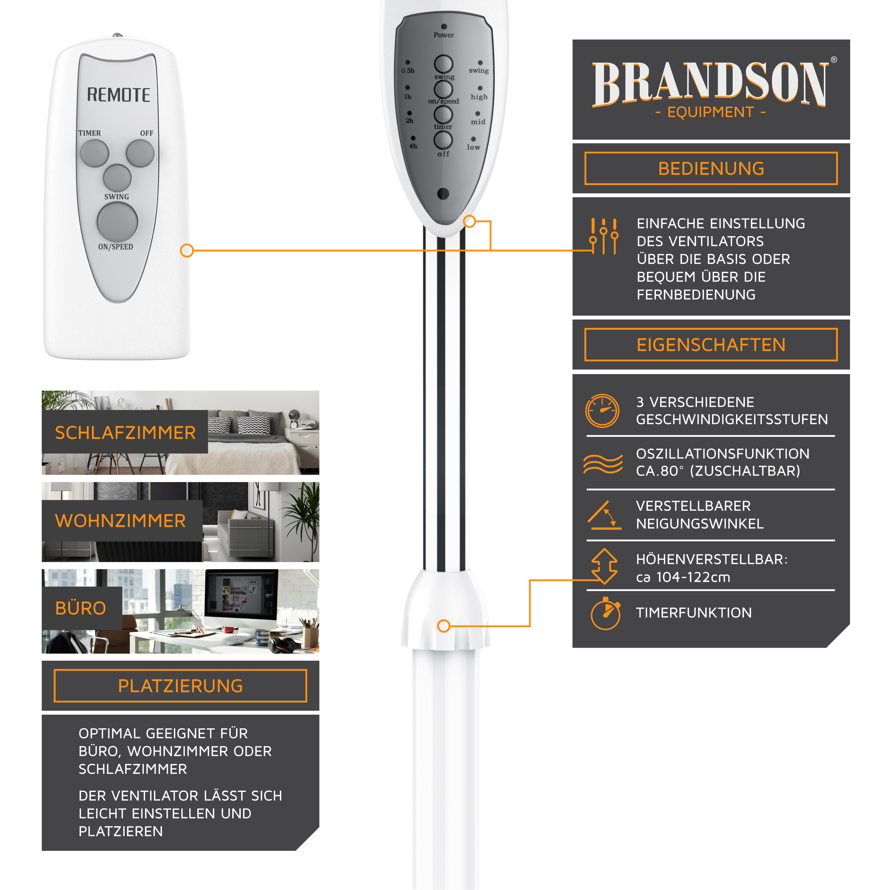 Brandson-Fernbedienung für einen Turmventilator mit Tasten für Leistung, Timer, Schwenk- und Geschwindigkeitseinstellungen, elegantem Design und klarem Display.