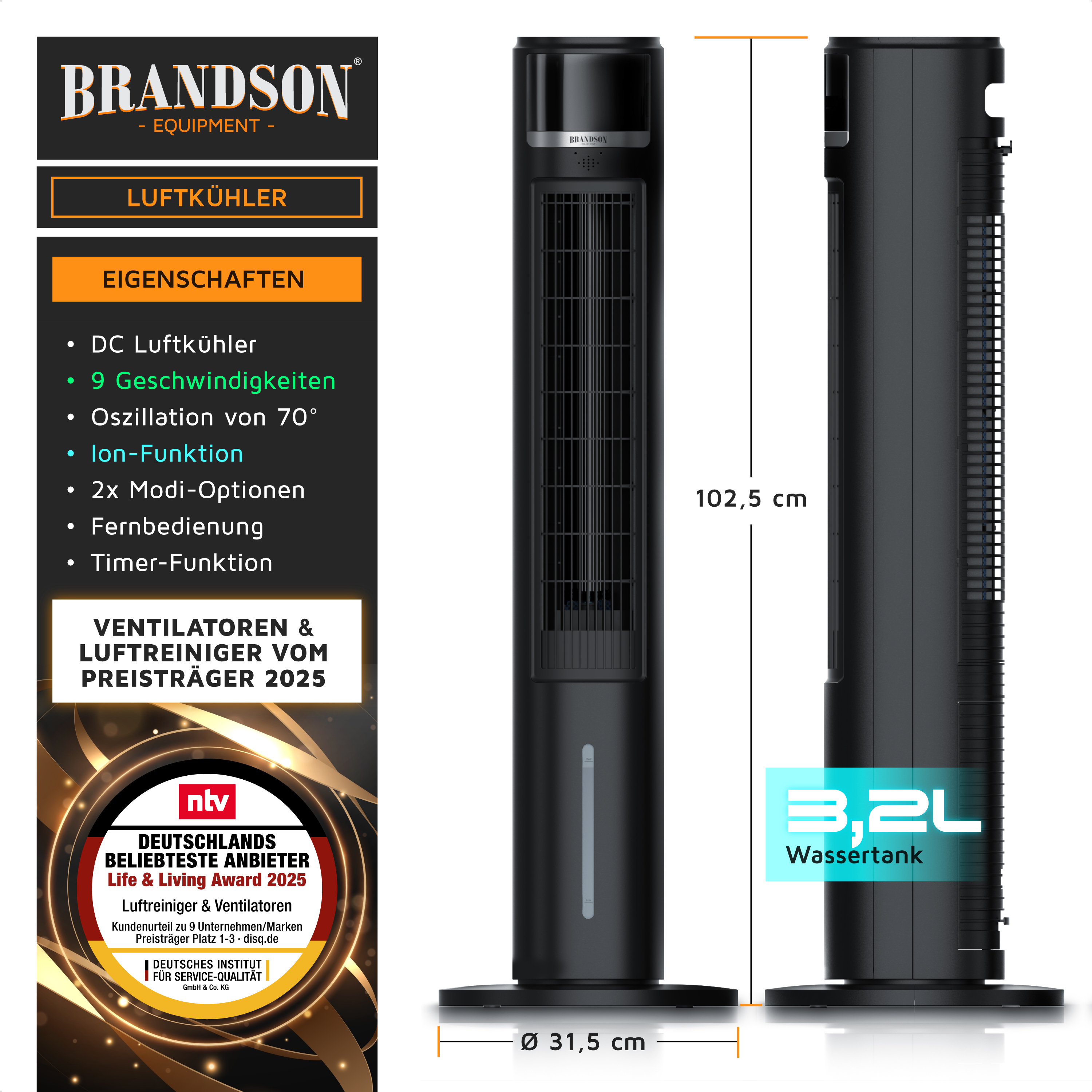 Brandson Luftkühler in schwarzer Farbe mit schmalem Design, Fernbedienung, 3,2L Wassertank und Bedienfeld.