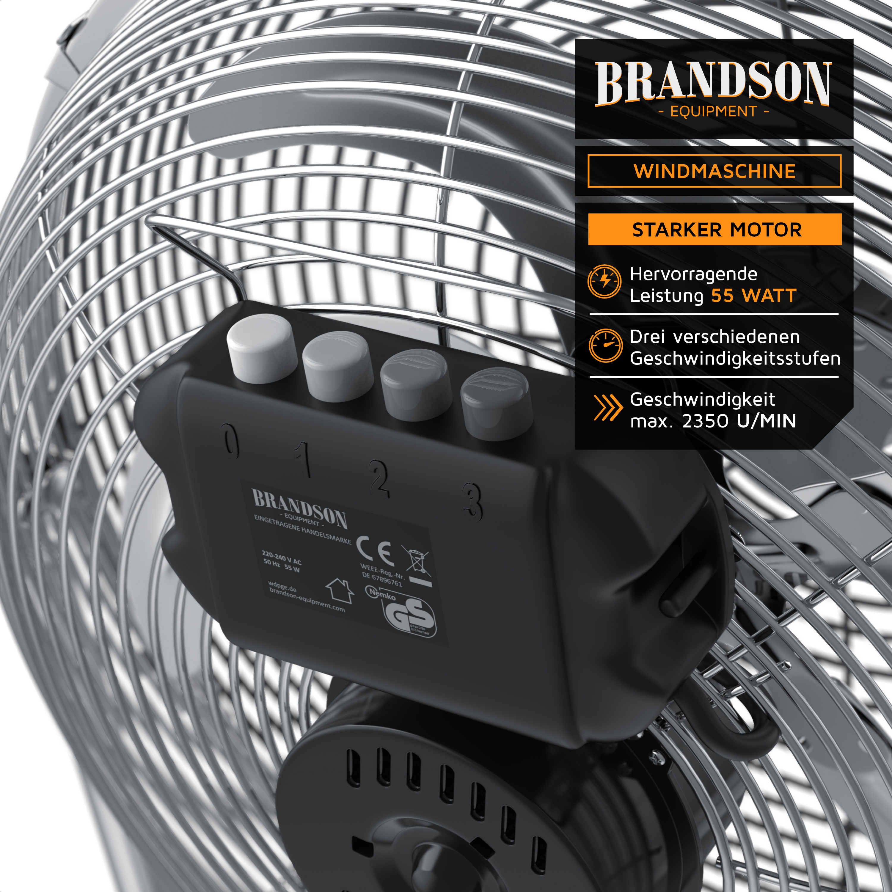 Windmaschine von Brandson mit starkem Motor, einem Bedienfeld mit drei Geschwindigkeitseinstellungen und einem stabilen Metallrahmen.