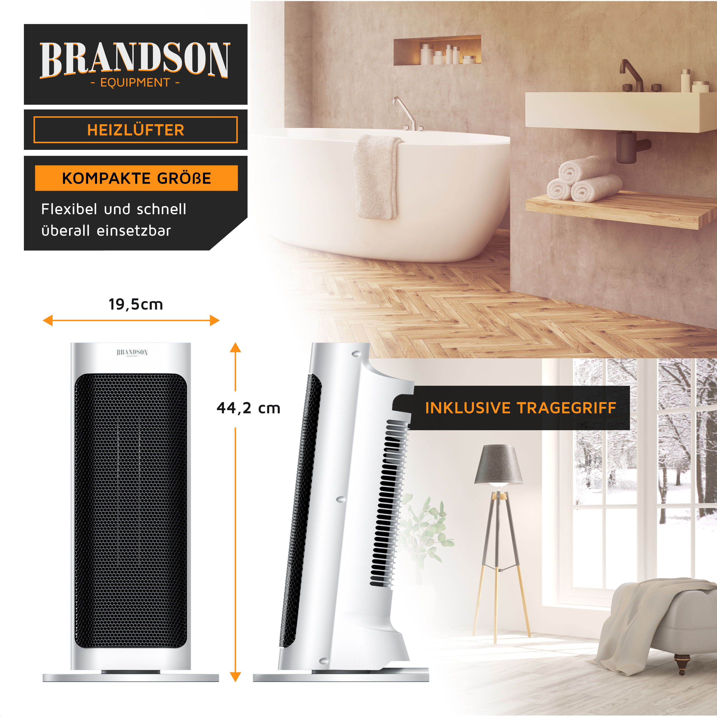 Brandson Heizlüfter in kompakter Größe mit Traggriff, schwarzem Gitter und silbernem Gehäuse, ideal für den flexiblen Einsatz im Raum.
