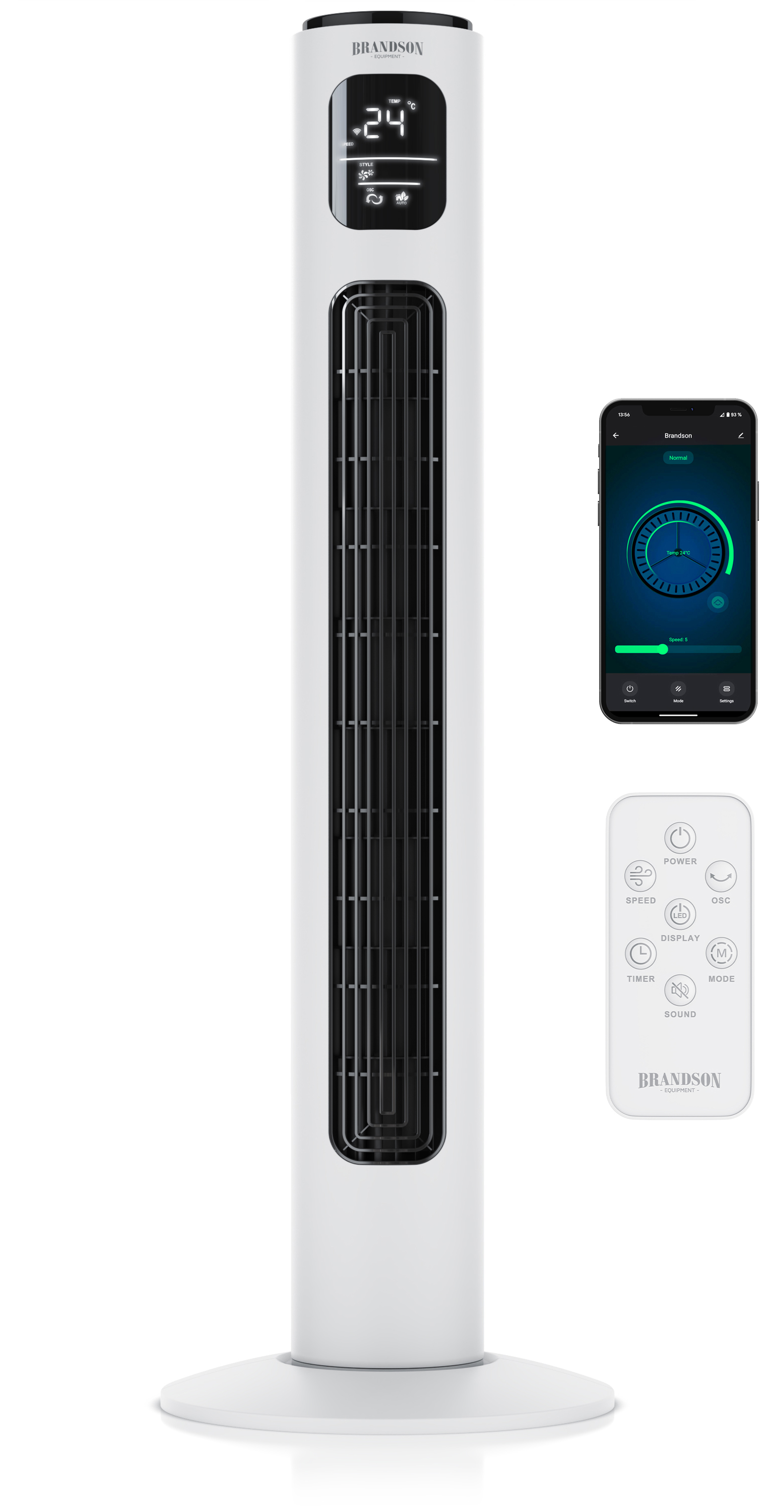 Brandson Turmventilator in Weiß mit Digitalanzeige, Fernbedienung und elegantem Design, ideal für die Kühlung zu Hause.