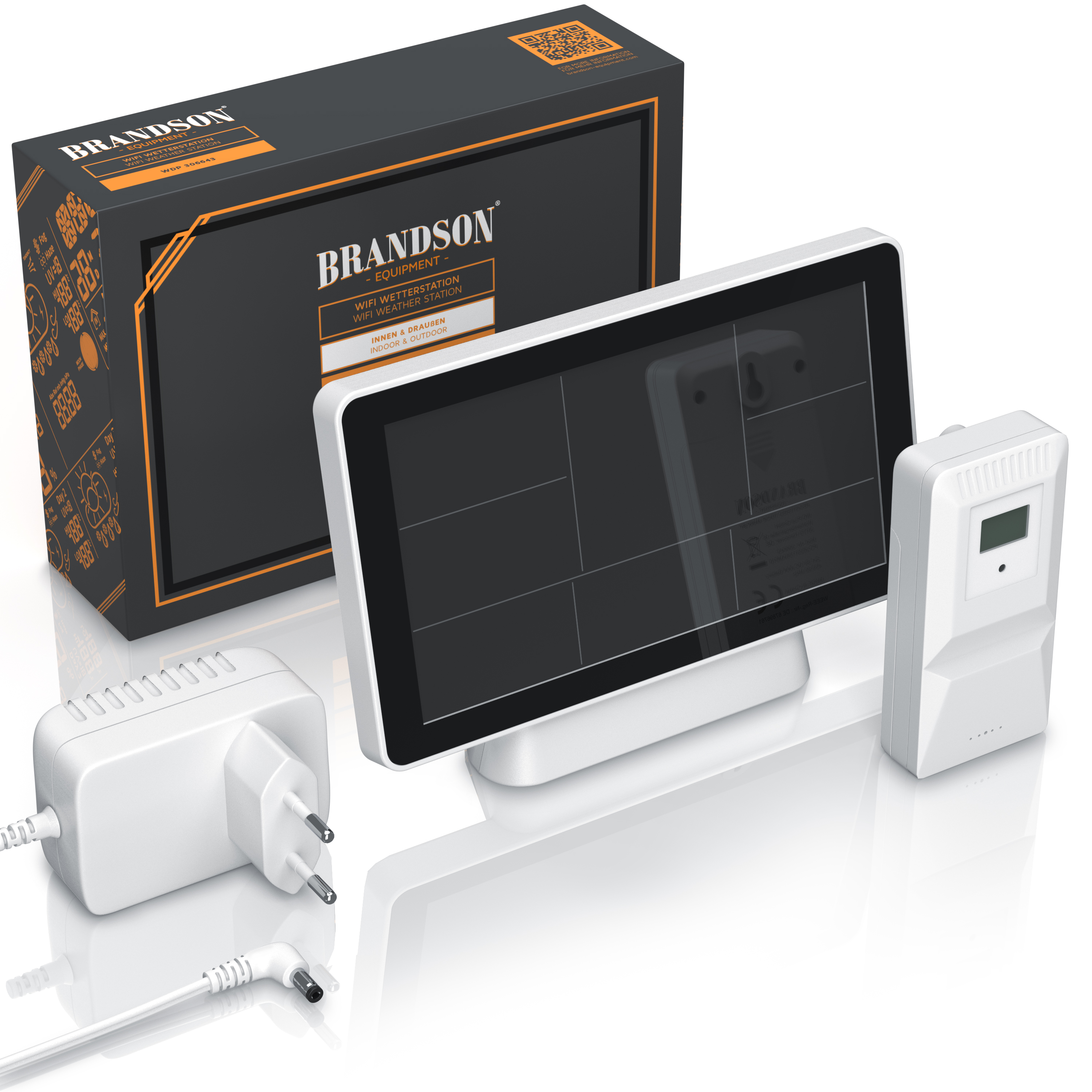 Brandson WiFi Wetterstation mit großem Display, weißem Gehäuse und Zubehör wie Netzteil und Sensor.