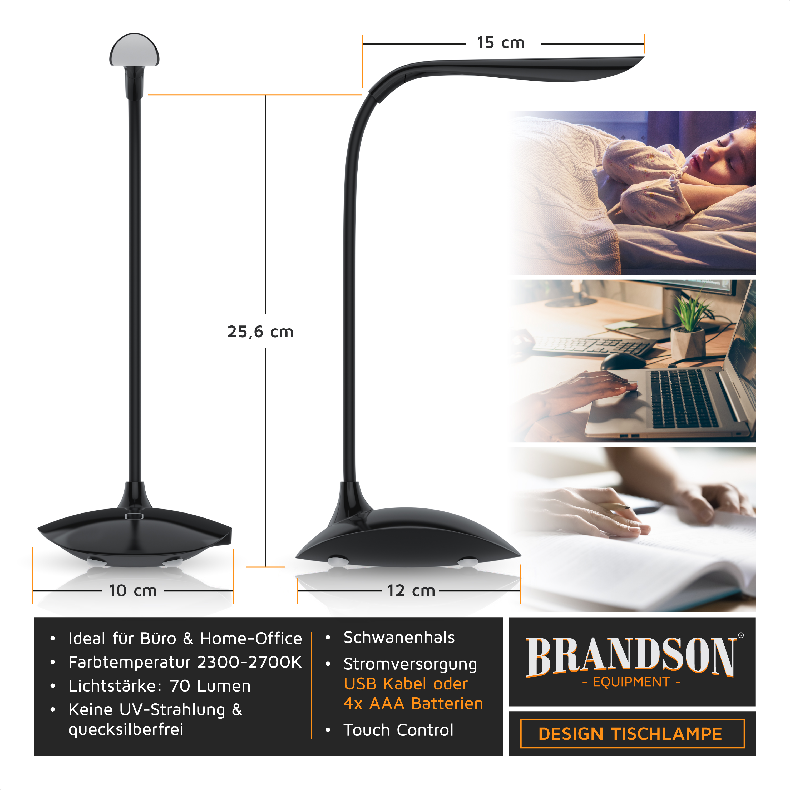 Brandson-Schreibtischlampe mit flexiblem Hals, schwarzer Farbe, Touch-Steuerung und stabilem Sockel, ideal für den Büro- und Heimgebrauch.
