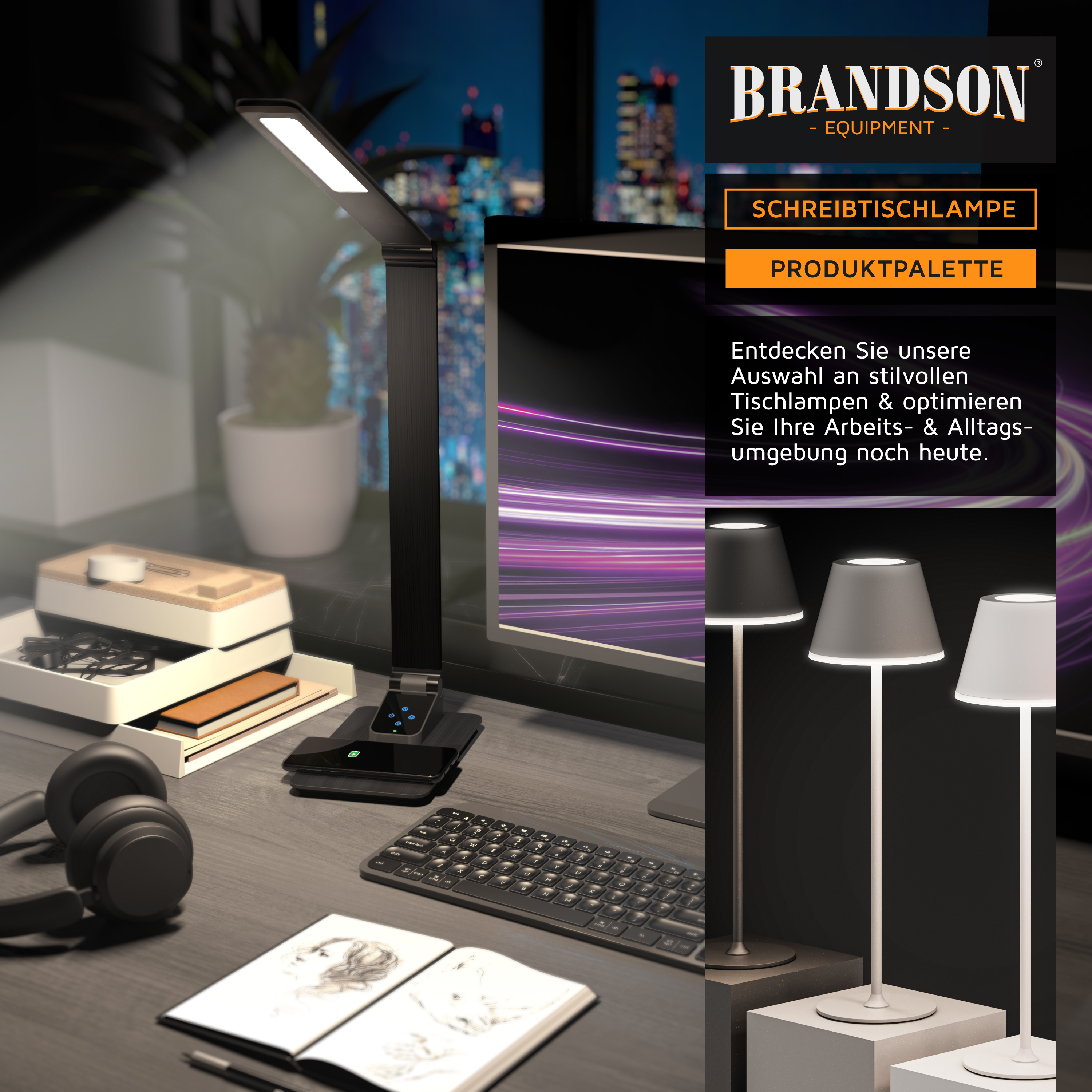 Brandson-Schreibtischlampe mit verstellbarem Arm, elegantem schwarzem Design, Touch-Bedienfeld und moderner Ästhetik, platziert auf einem Arbeitsplatz.