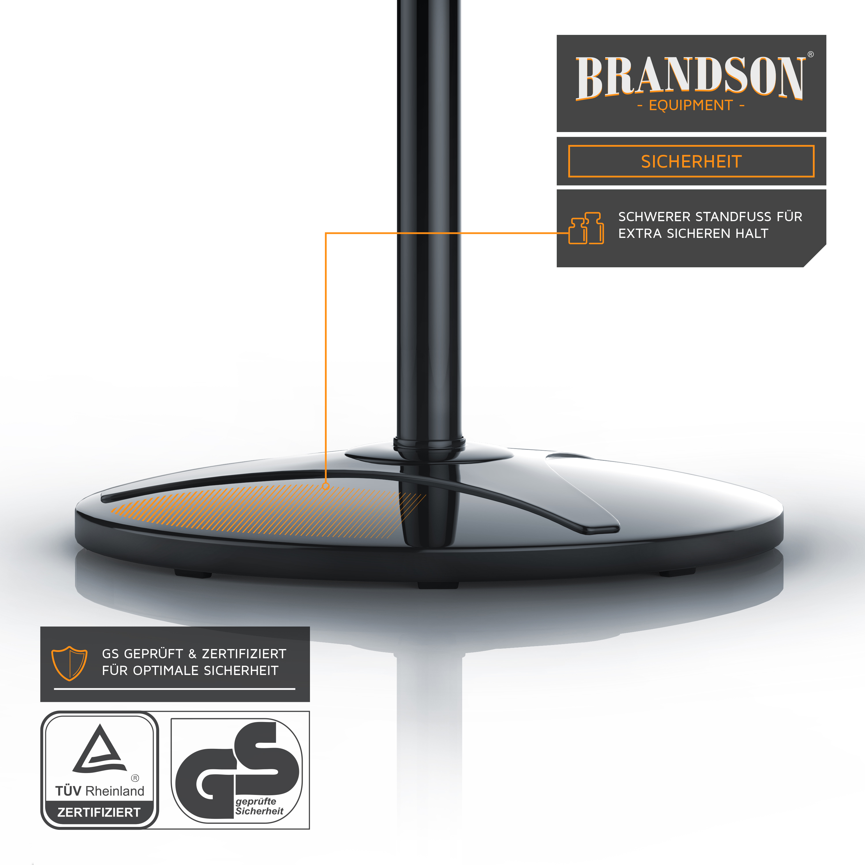 Standventilator von Brandson mit schwerem Sockel für Stabilität, elegantem schwarzem Design und moderner Stangenstruktur.