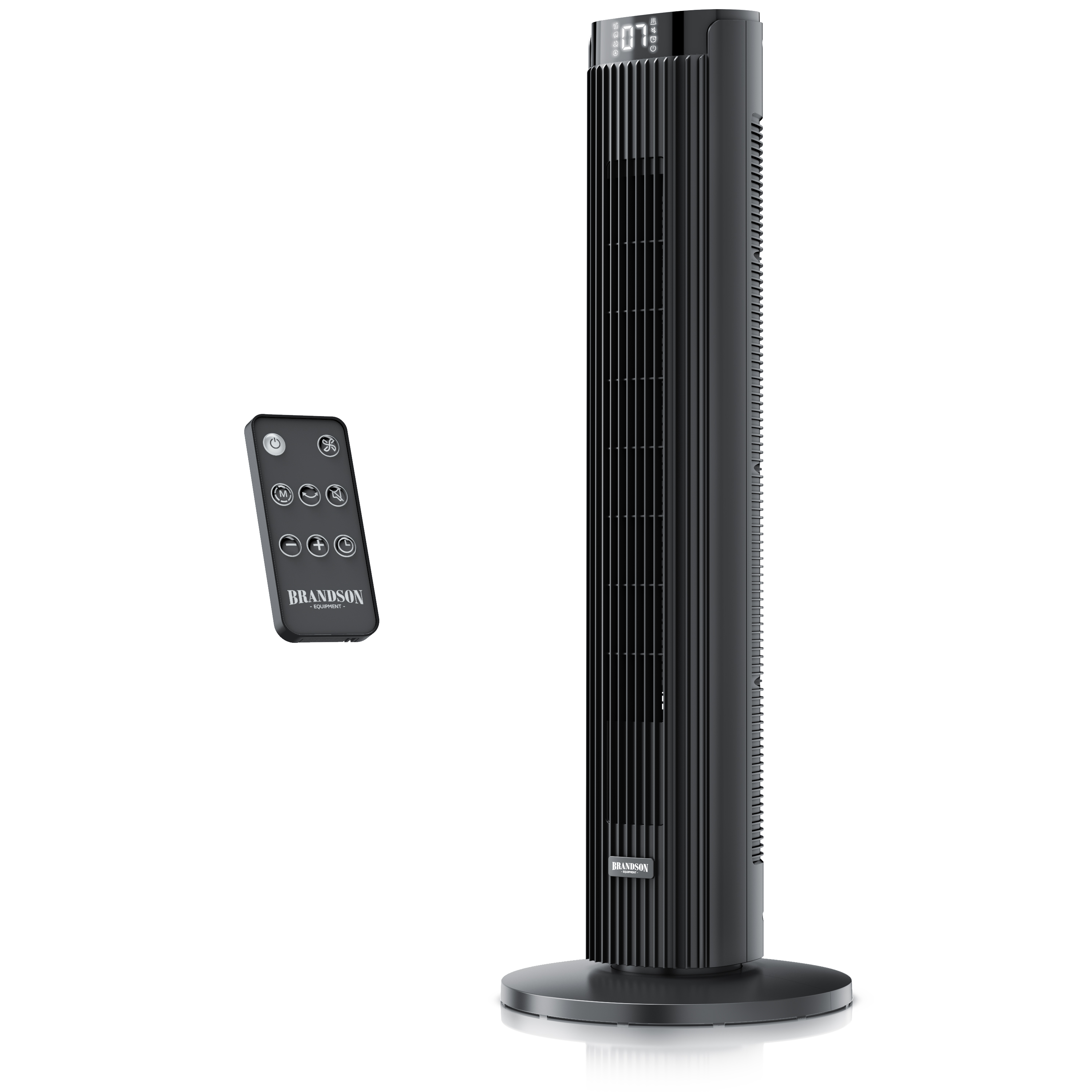 Brandson Turmventilator in Schwarz mit elegantem Design, Digitalanzeige und Fernbedienung für einfache Bedienung.