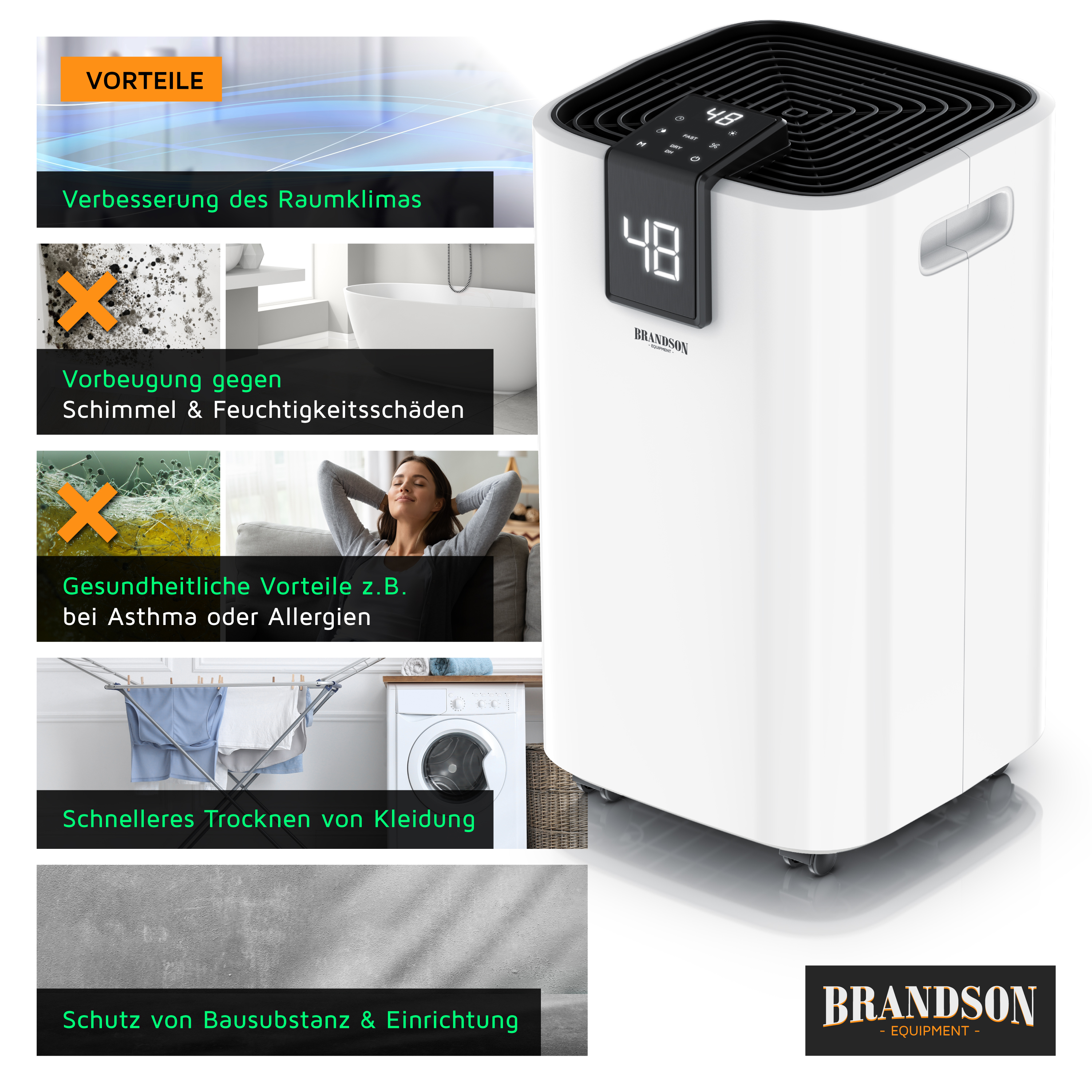 Brandson Luftentfeuchter in Weiß mit digitalem Display und Bedienfeld, geeignet zur Verbesserung des Raumklimas und zur Vorbeugung von Schimmel.