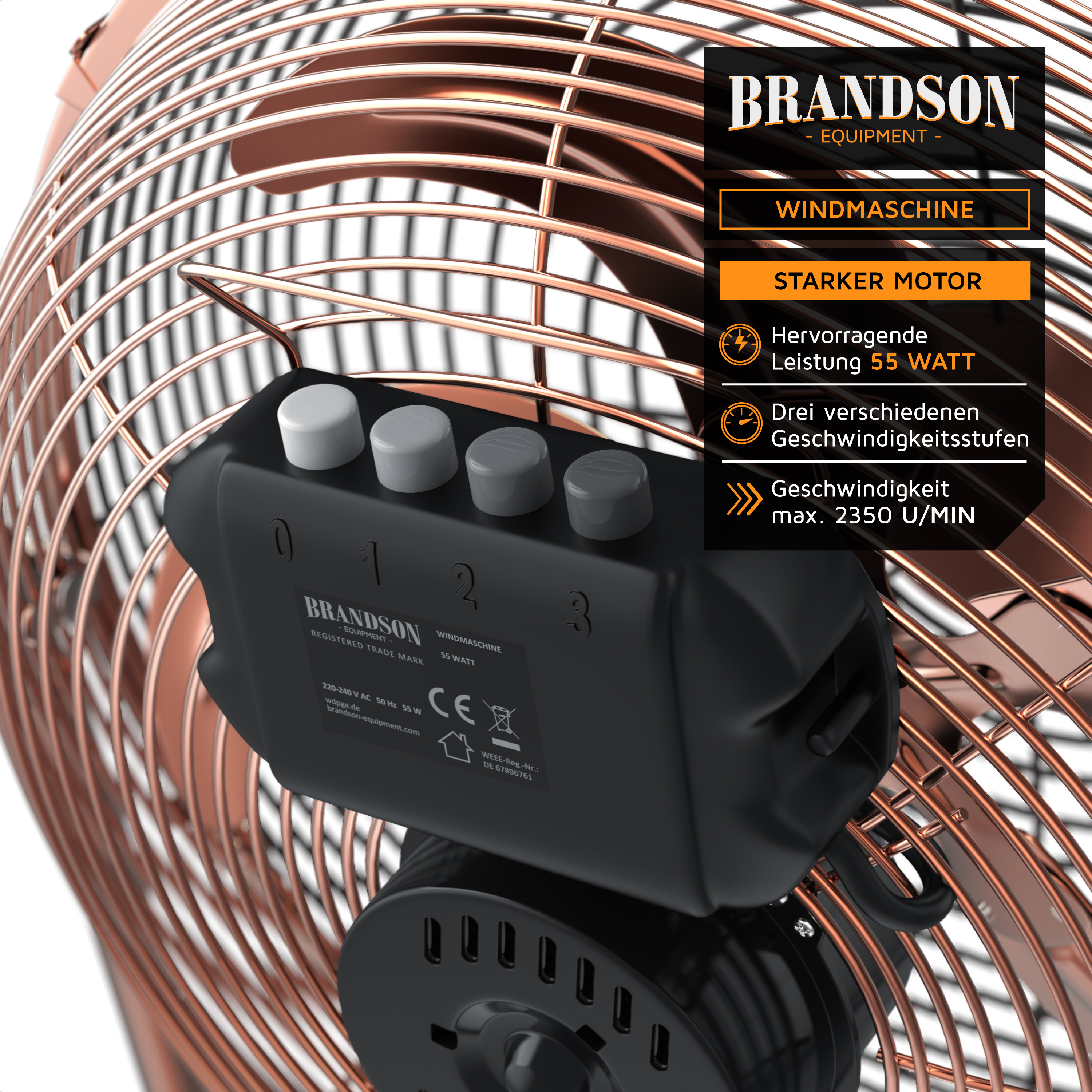 Windmaschine von Brandson mit kupferfarbenem Metallrahmen, schwarzem Bedienfeld mit drei Geschwindigkeitseinstellungen und stabiler Basis.