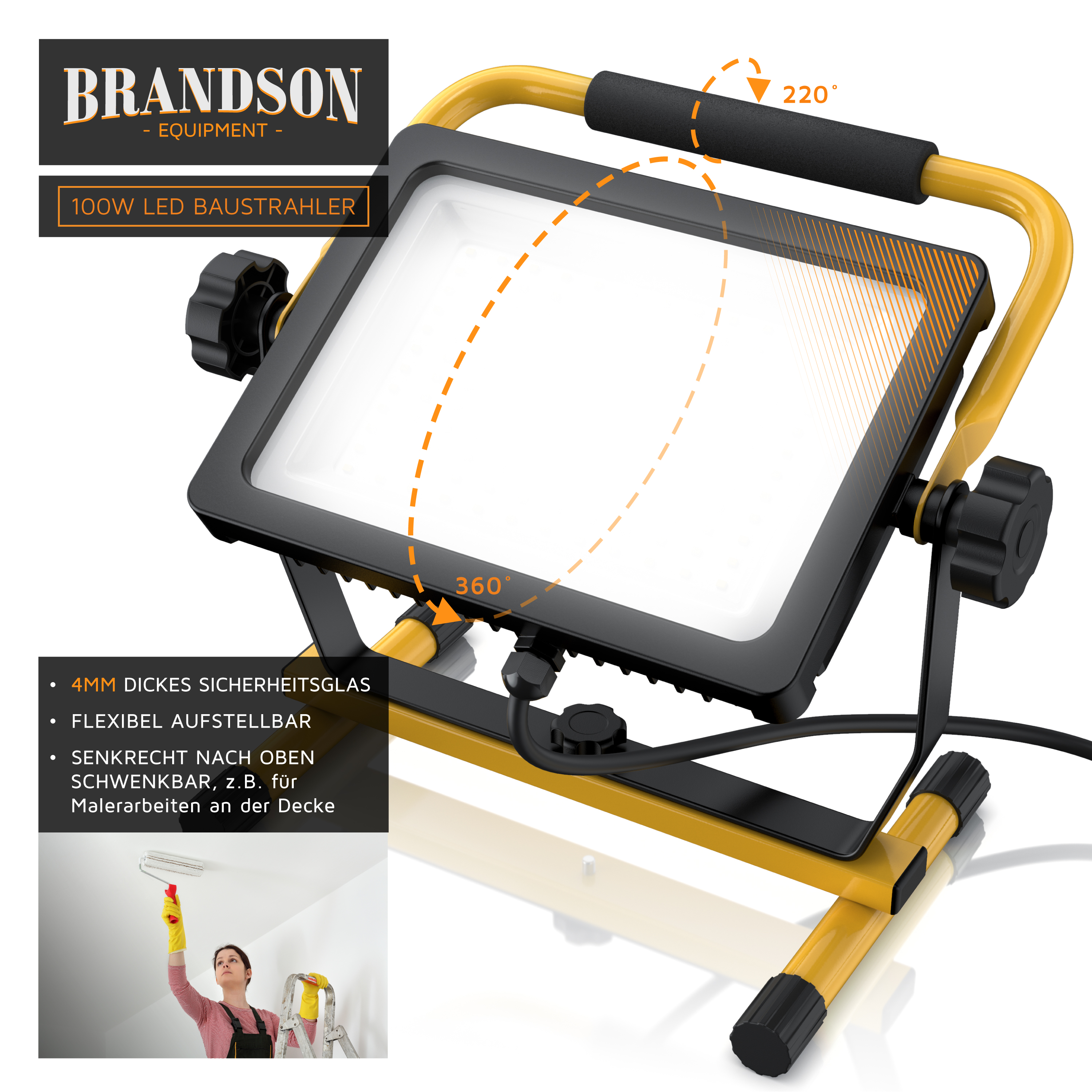 Brandson 100-W-LED-Bauleuchte mit stabilem Rahmen, verstellbarem Griff und flexibler Positionierung für verschiedene Arbeitsaufgaben.