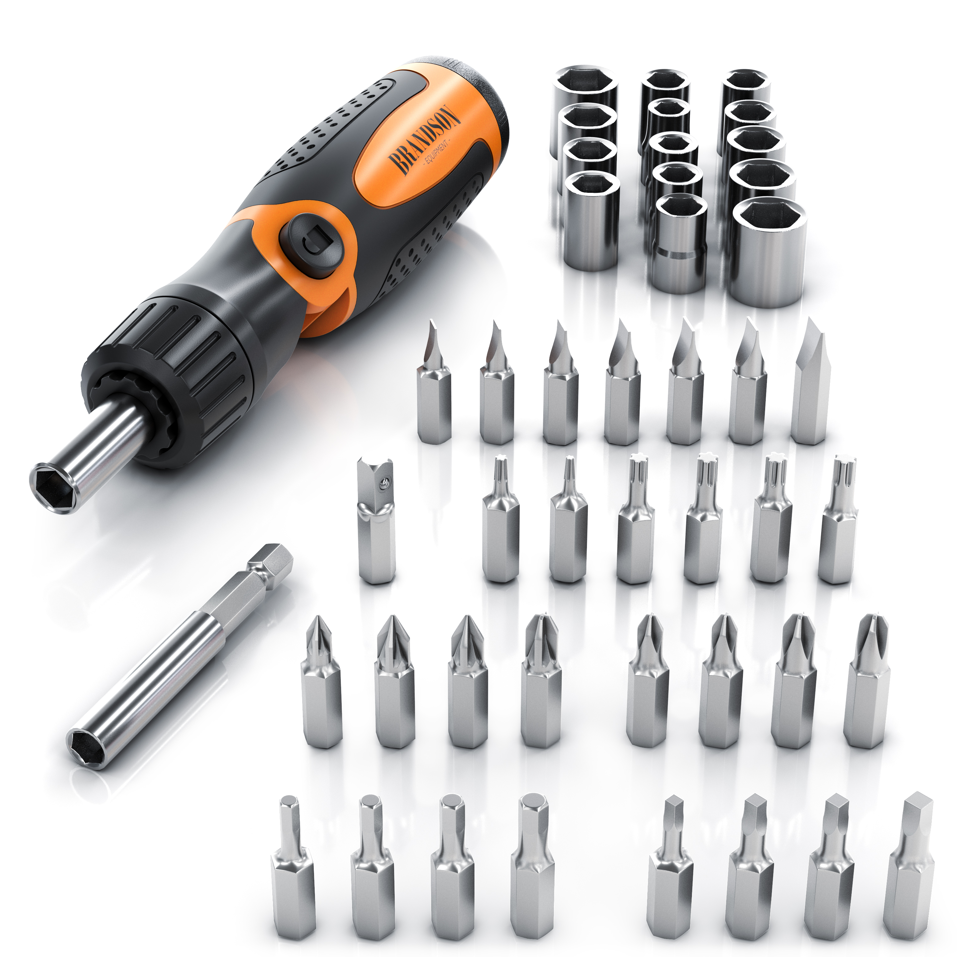 Brandson-Schraubendreher-Set mit schwarzem und orangefarbenem Griff sowie verschiedenen, ordentlich angeordneten Metallbits und -nüssen.