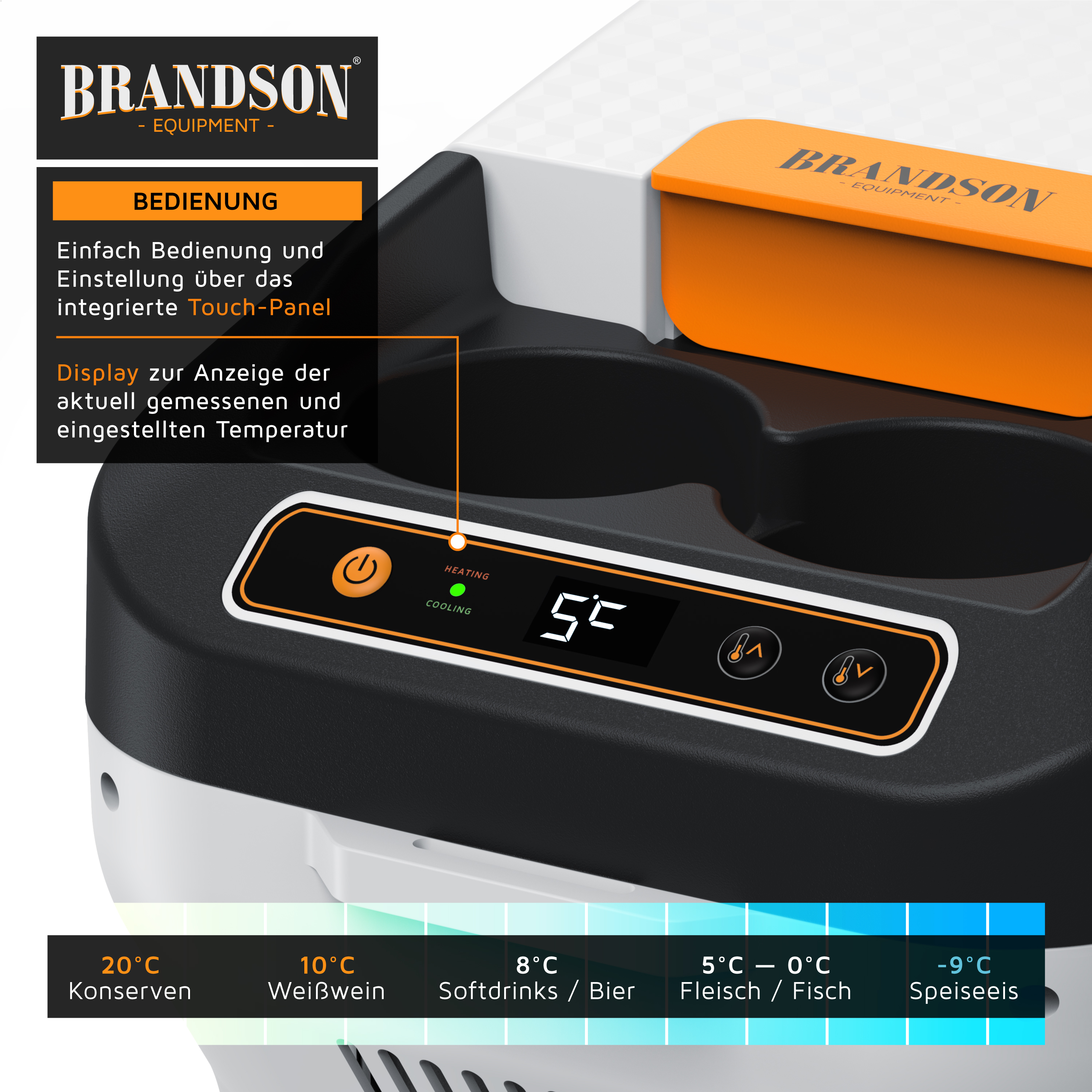Mobile Kühlbox von Brandson mit integriertem Touchpanel, Anzeige der aktuellen Temperatur und Einstellungen, elegantem Design und orangefarbenen Akzenten.