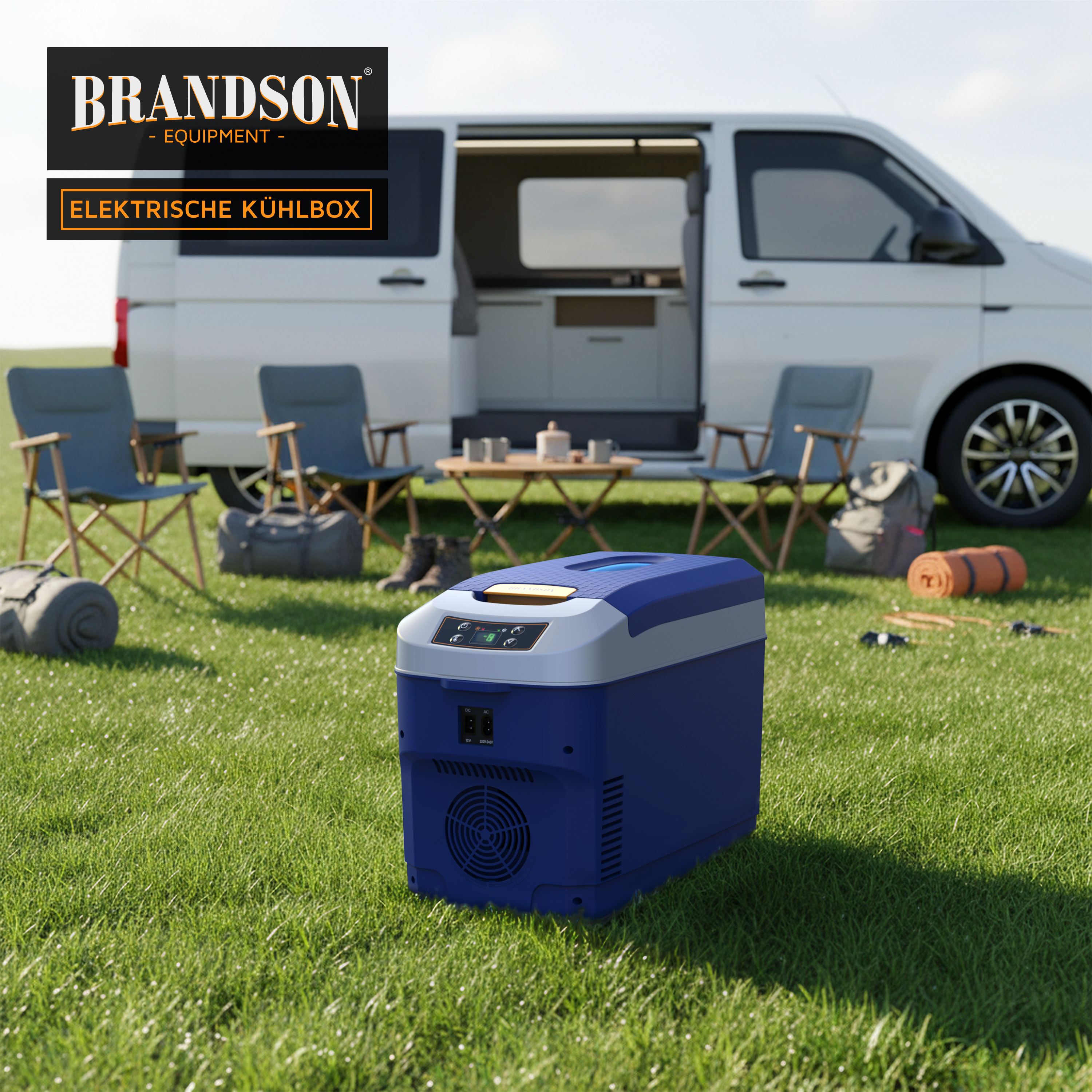 Brandson elektrische Kühlbox in Blau mit Bedienfeld und Tragegriff, platziert auf einer Wiese neben einem Campingplatz.