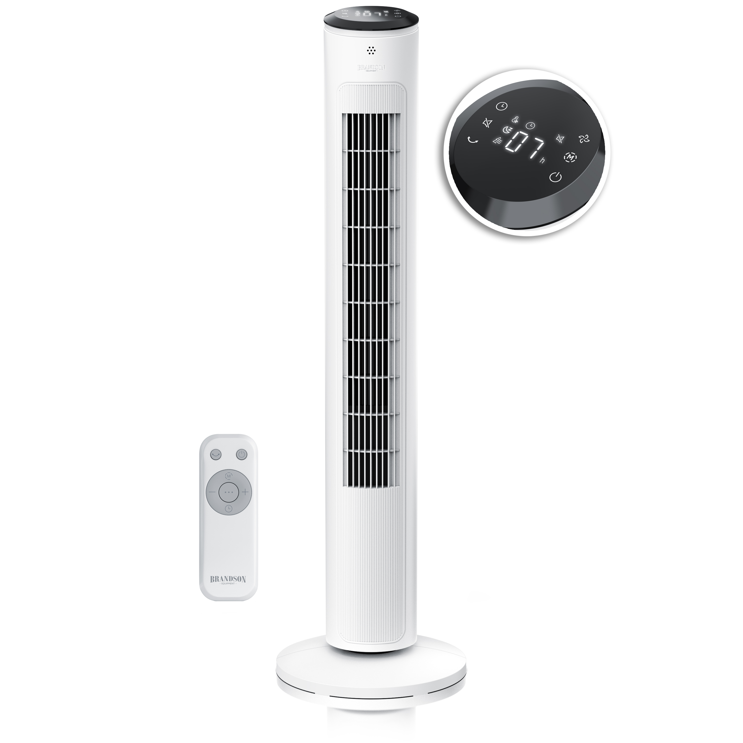 Brandson Turmventilator in Weiß mit modernem Design, Bedienfeld und Fernbedienung für einfache Steuerung.