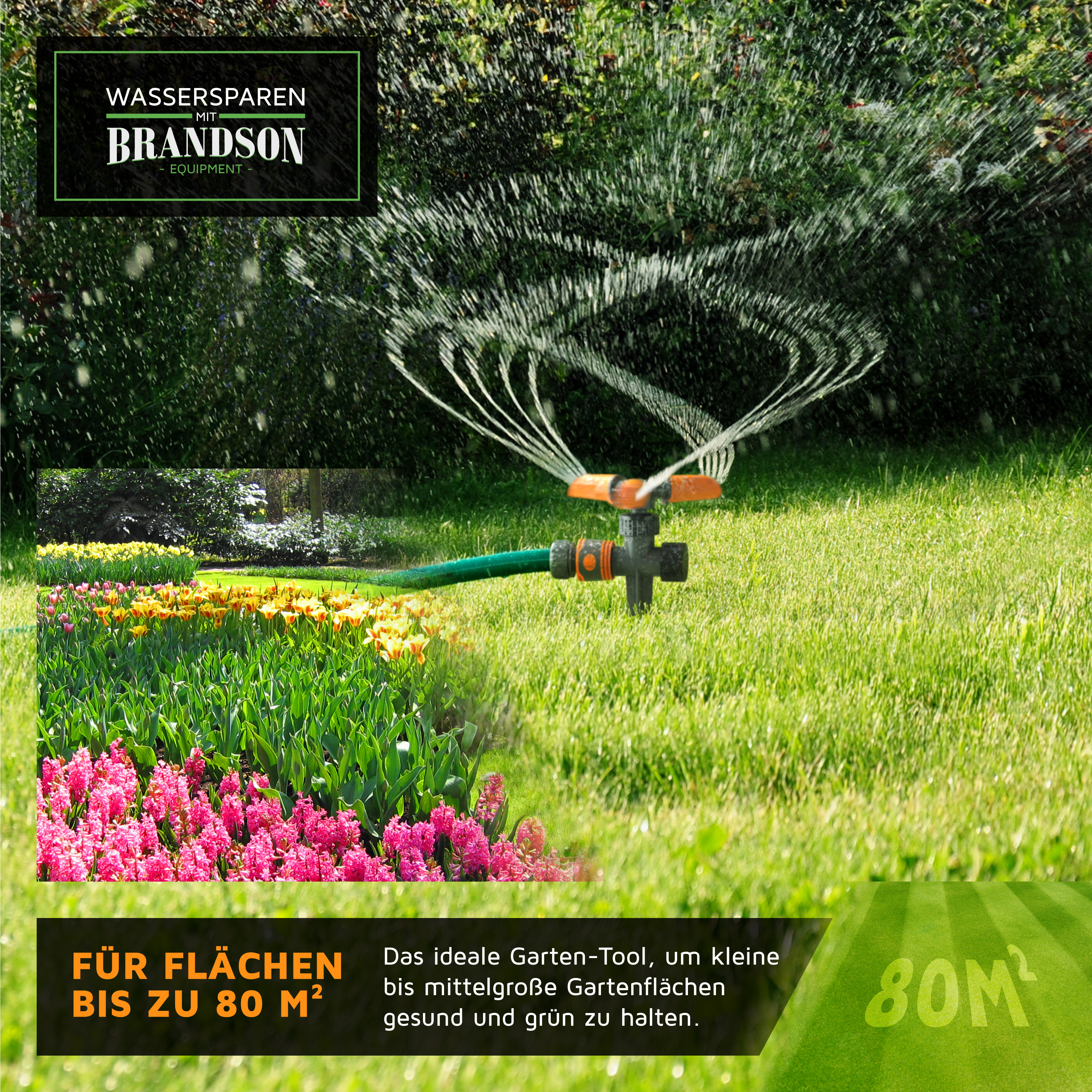 Brandson-Sprinkler für den Gartengebrauch mit stabiler Basis, einstellbarem Sprühmuster und angeschlossenem Gartenschlauch zur Bewässerung lebendiger Blumenbeete.