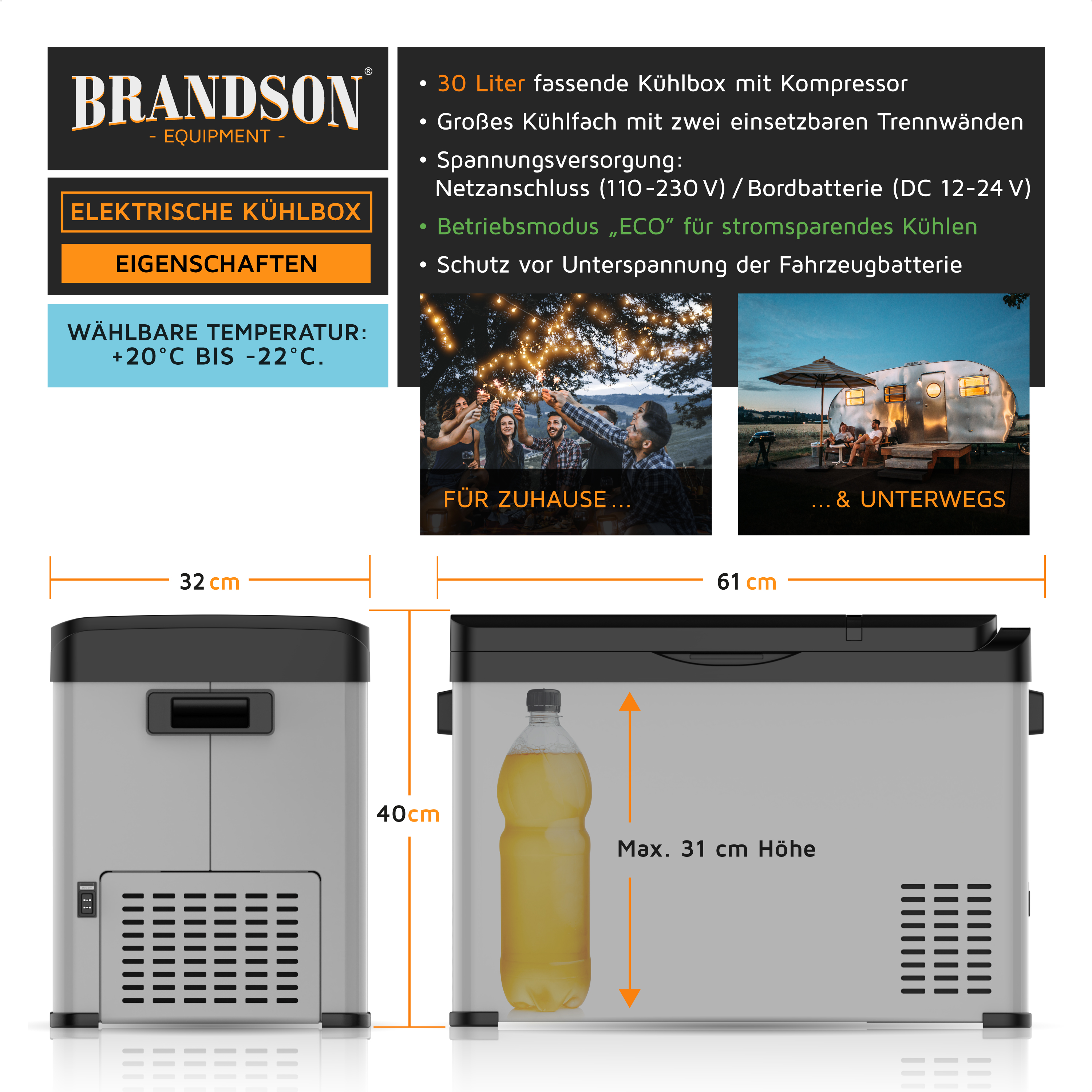 Brandson elektrische Kühlbox mit 30 Litern, Kompressor, zwei Trennwänden und ECO-Modus für energiesparendes Kühlen.