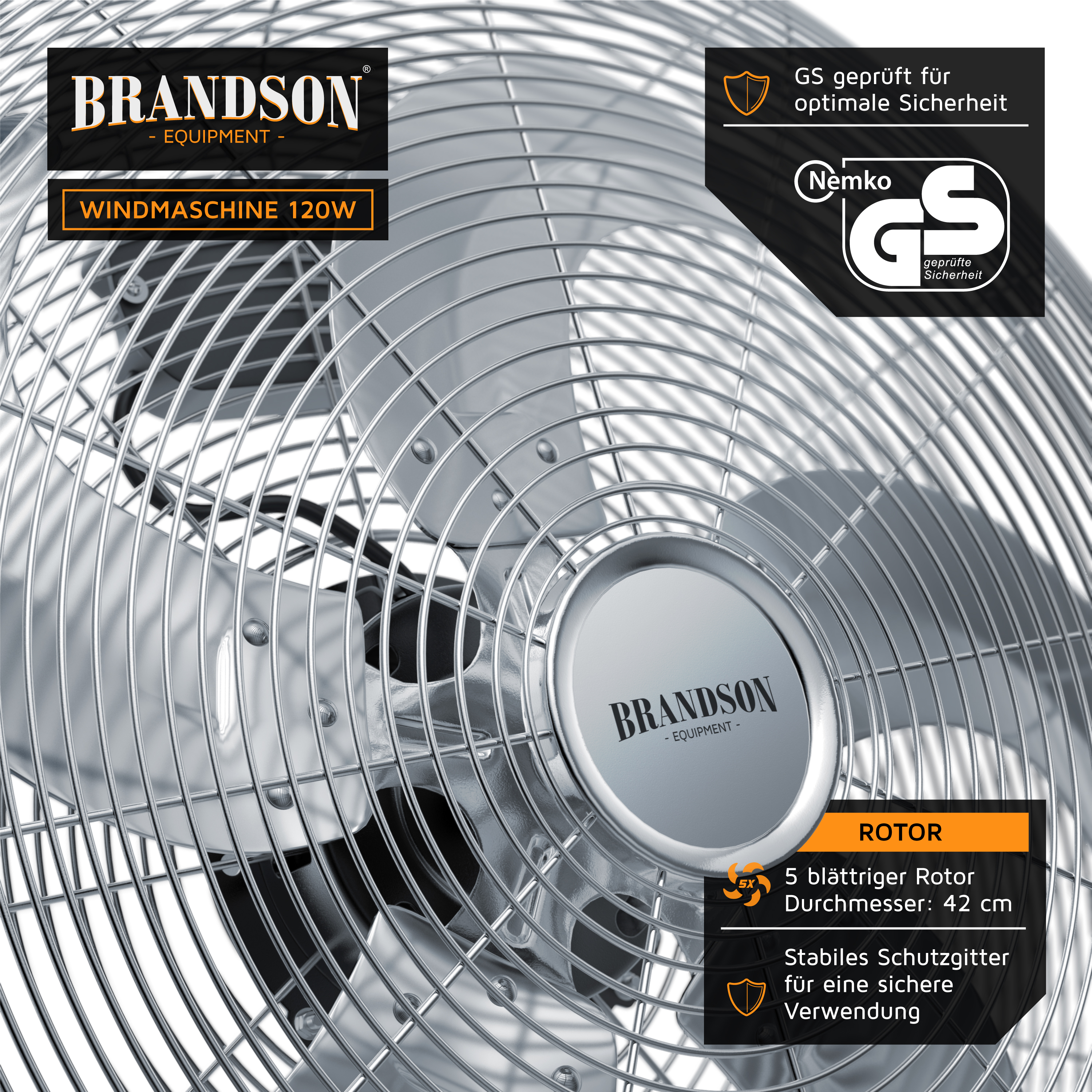 Brandson Windmaschine mit 5-blättrigem Rotor und stabilem Schutzgitter, ideal für eine sichere Verwendung.