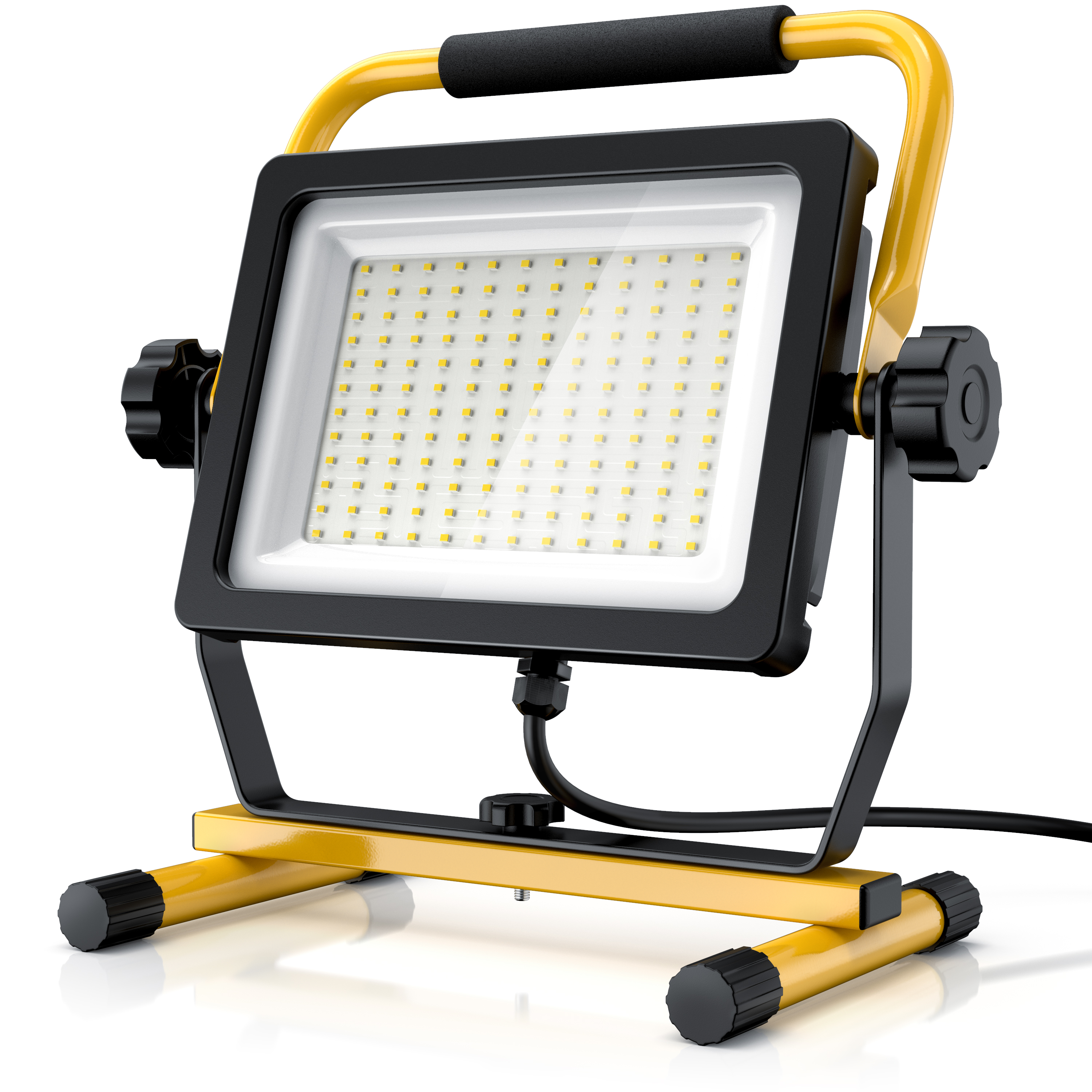 Brandson LED-Arbeitsleuchte mit schwarzem und gelbem Gestell, stabilem Standfuß und einem großen Lichtfeld für vielseitige Anwendungen.