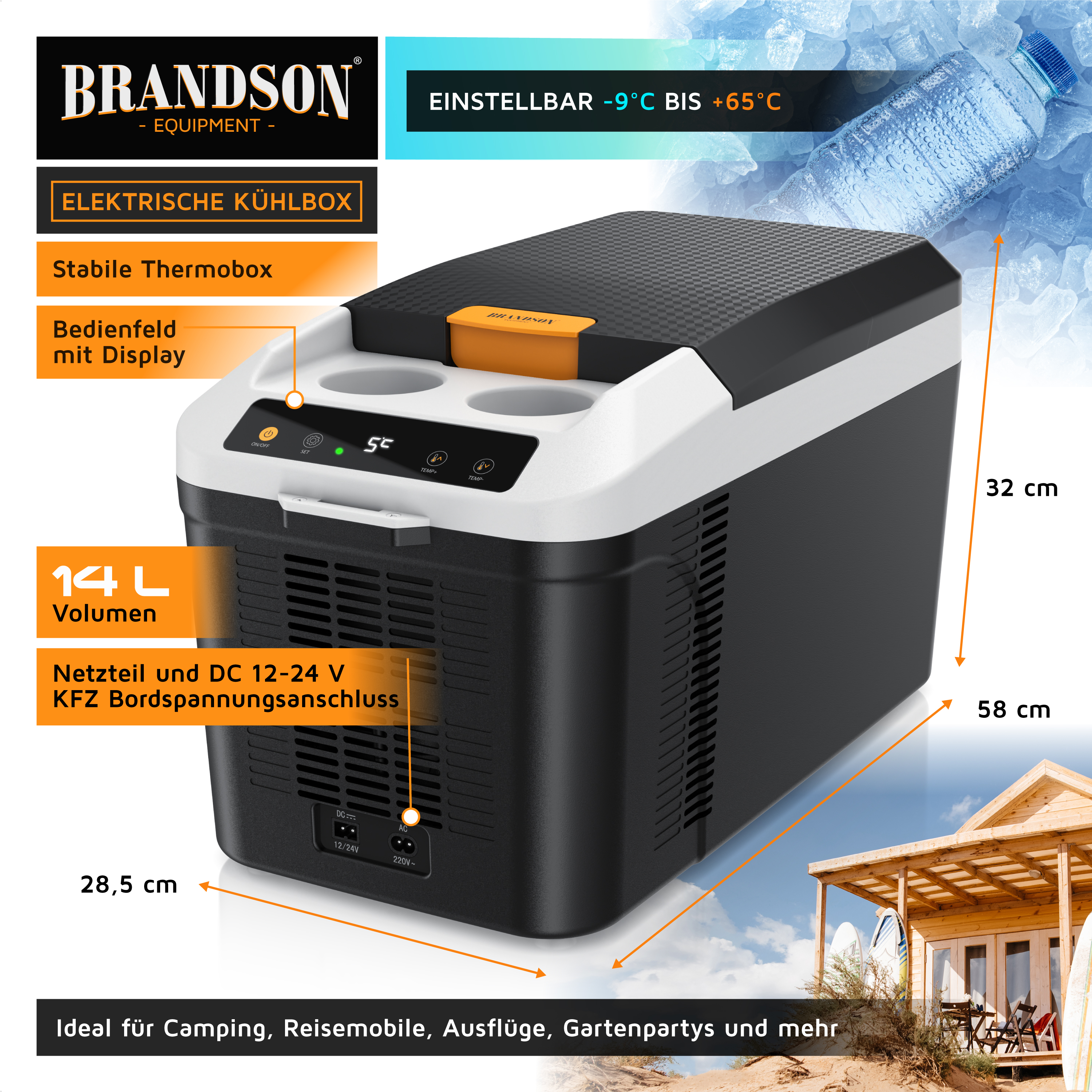 Elektrische Kühlbox von Brandson mit stabilem Thermobox-Design, schwarz-weißer Farbe, Bedienfeld mit Display und Getränkehaltern.
