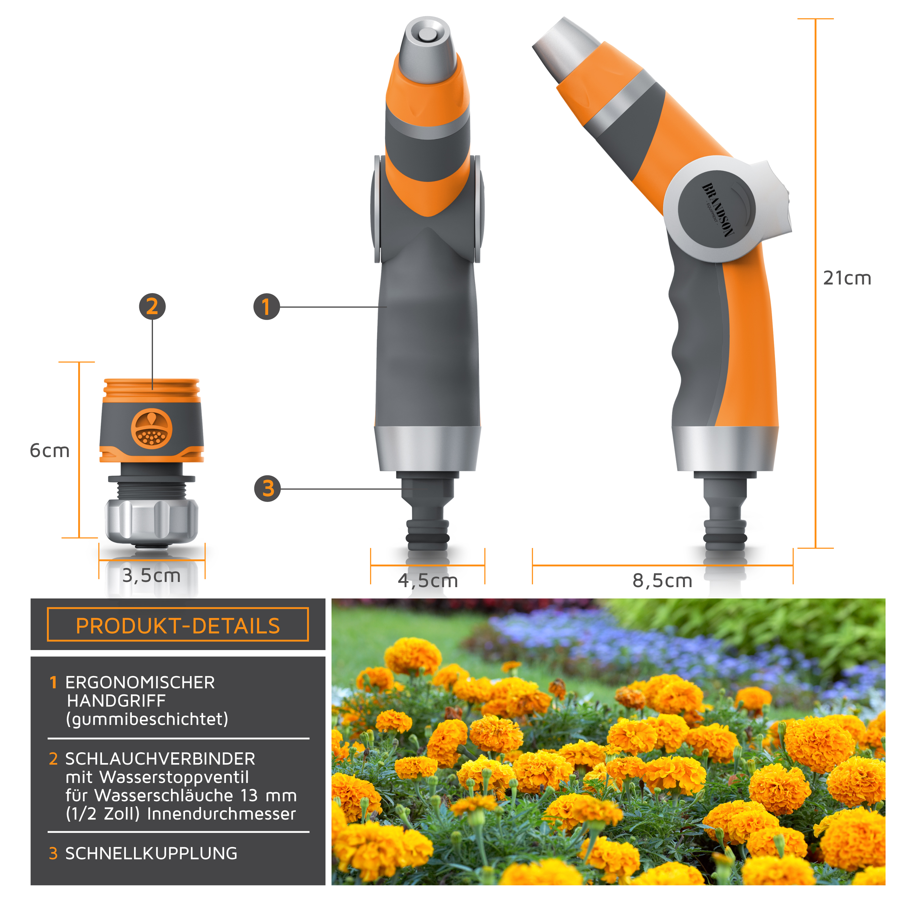 Brandson-Gartenschlauchanschluss mit ergonomischem Griff, orange-grauem Design, mit Schnellkupplung und Wasserstoppventil.