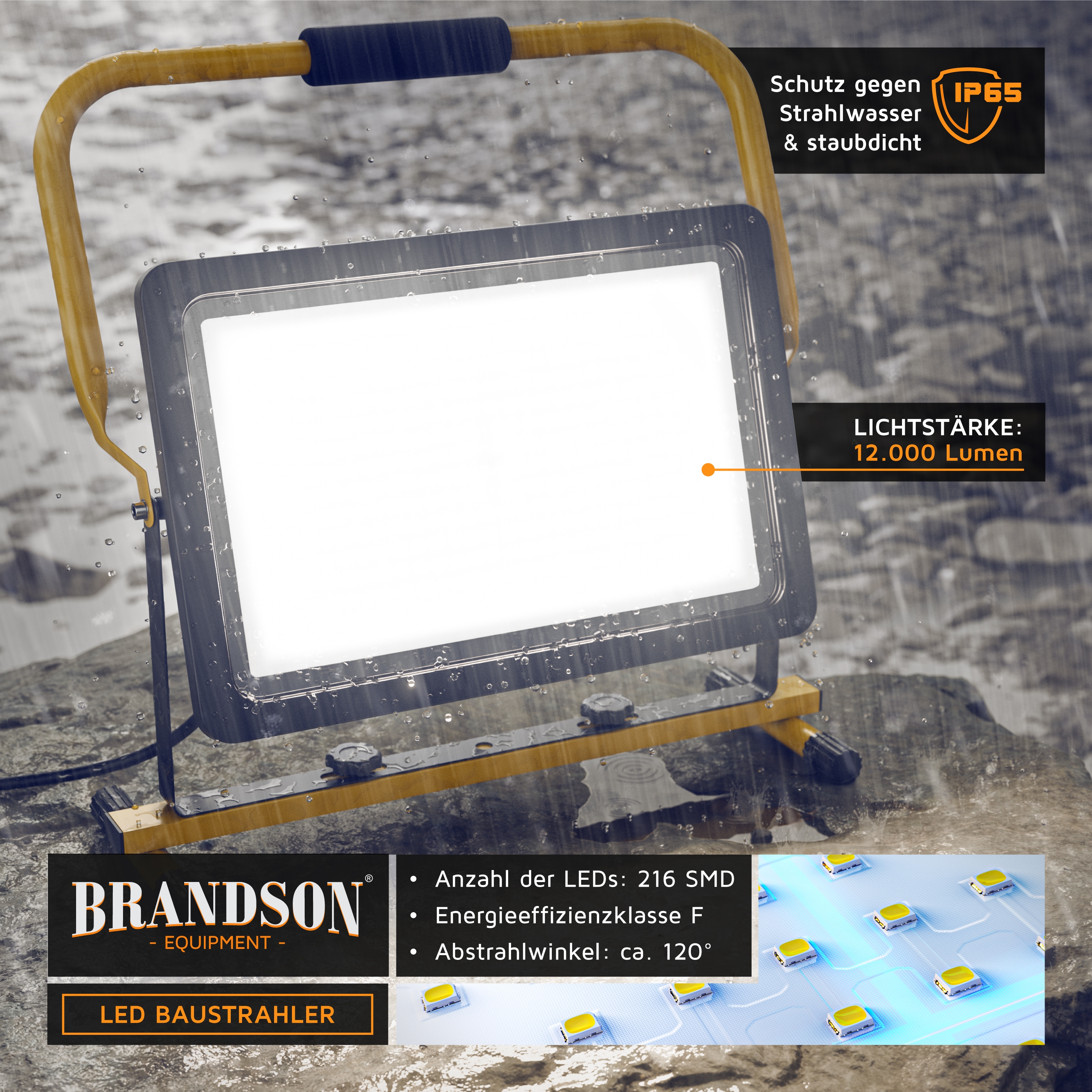 Brandson LED-Baustrahler mit robustem Rahmen, wasserdichtem Design und einer Lichtleistung von 12.000 Lumen, geeignet für den Außenbereich.