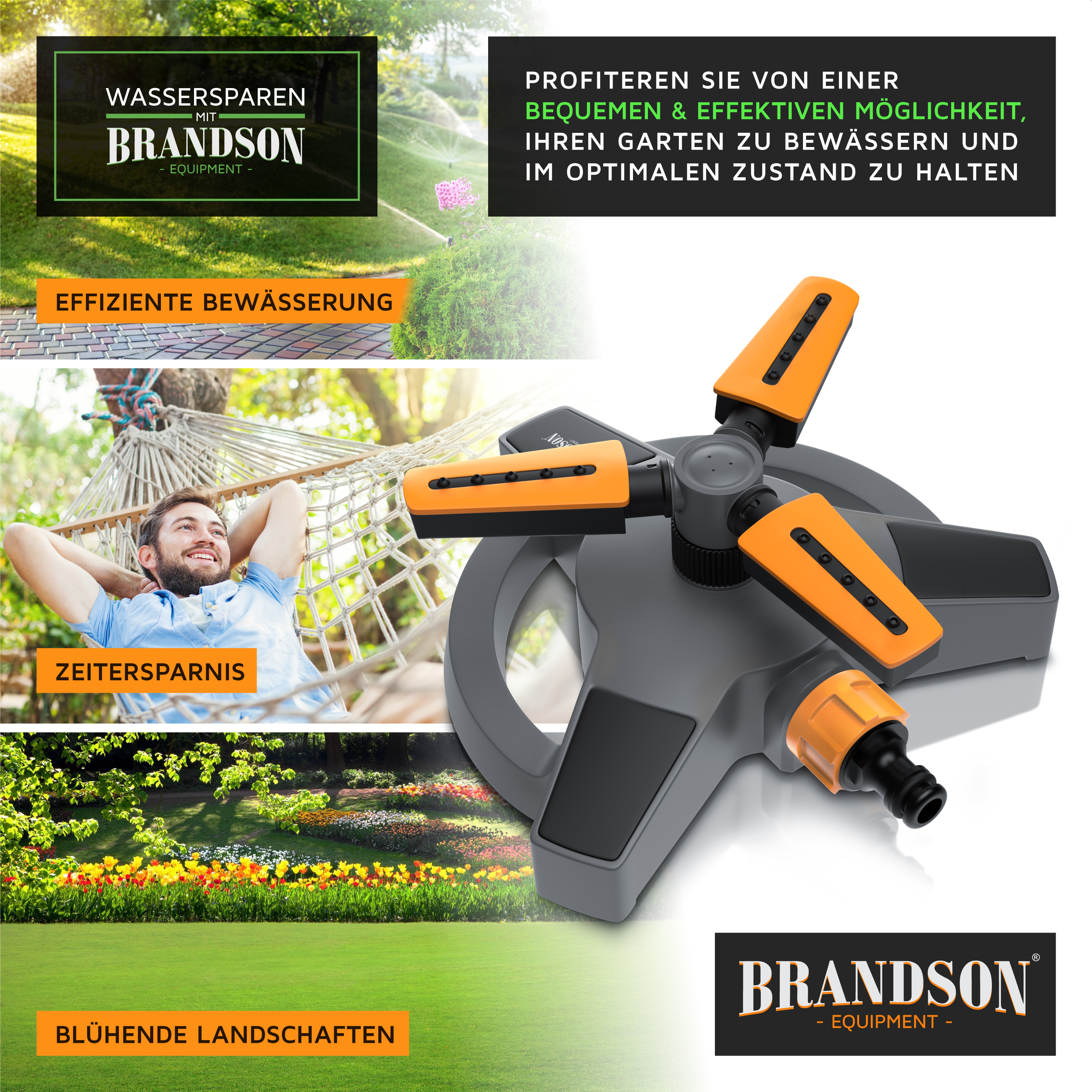 Brandson Gartenbewässerungssystem mit grauem Gehäuse und orangefarbenen Sprühdüsen, ideal für effiziente Bewässerung im Garten.