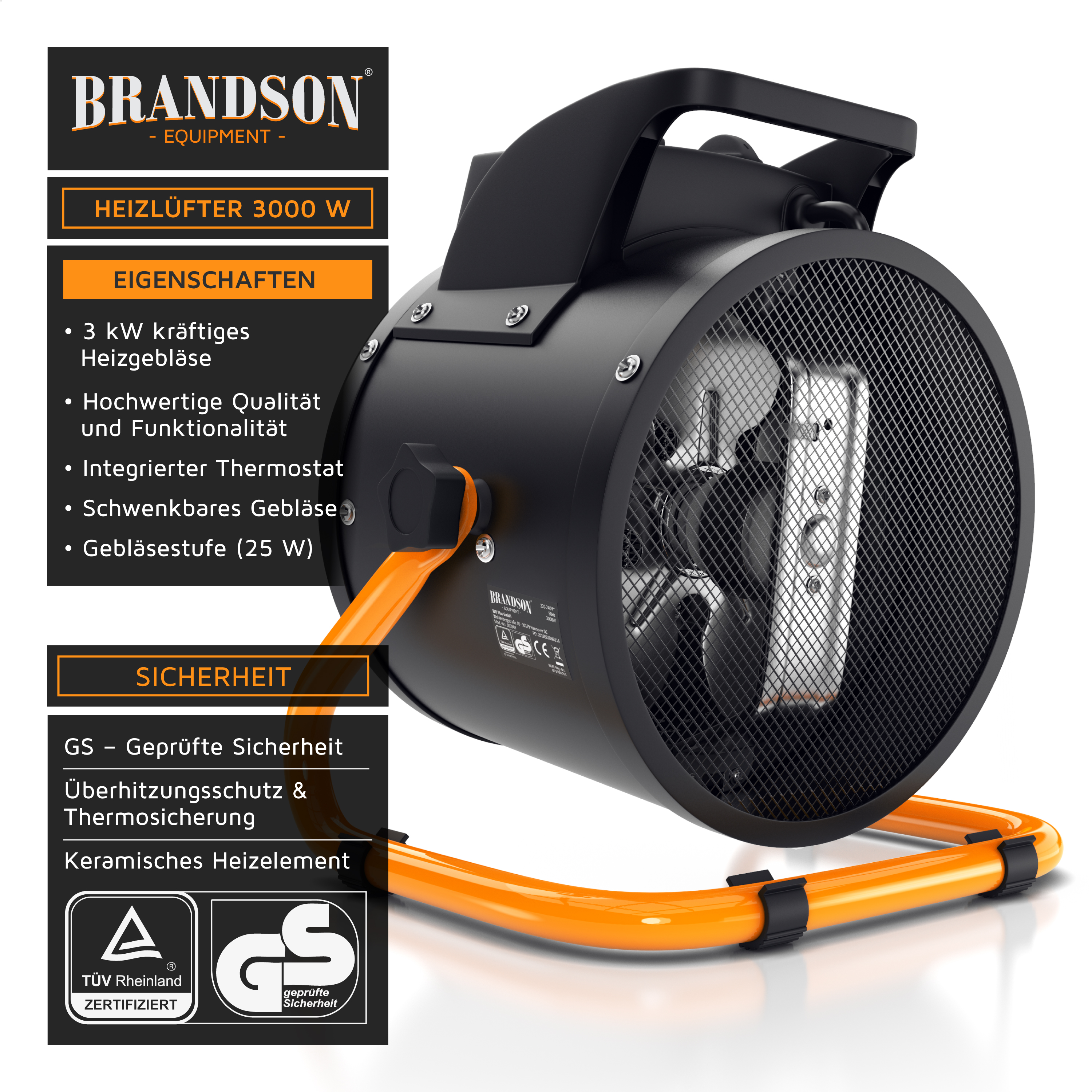 Brandson Heizlüfter mit schwarzem Gehäuse, orangefarbenem Standfuß und integriertem Thermostat, geeignet für effektive Heizleistung.