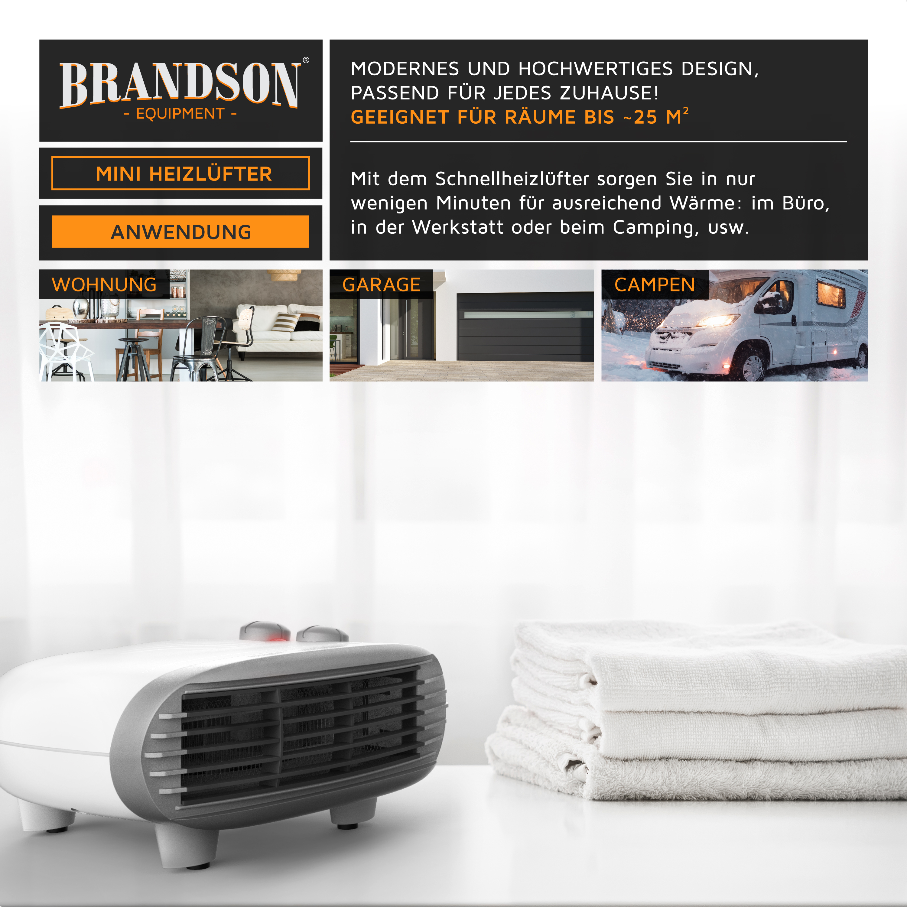 Brandson Mini Heizlüfter in modernem Design, weiß mit grauen Akzenten, zwei Drehreglern und kompaktem Format, ideal für kleine Räume.
