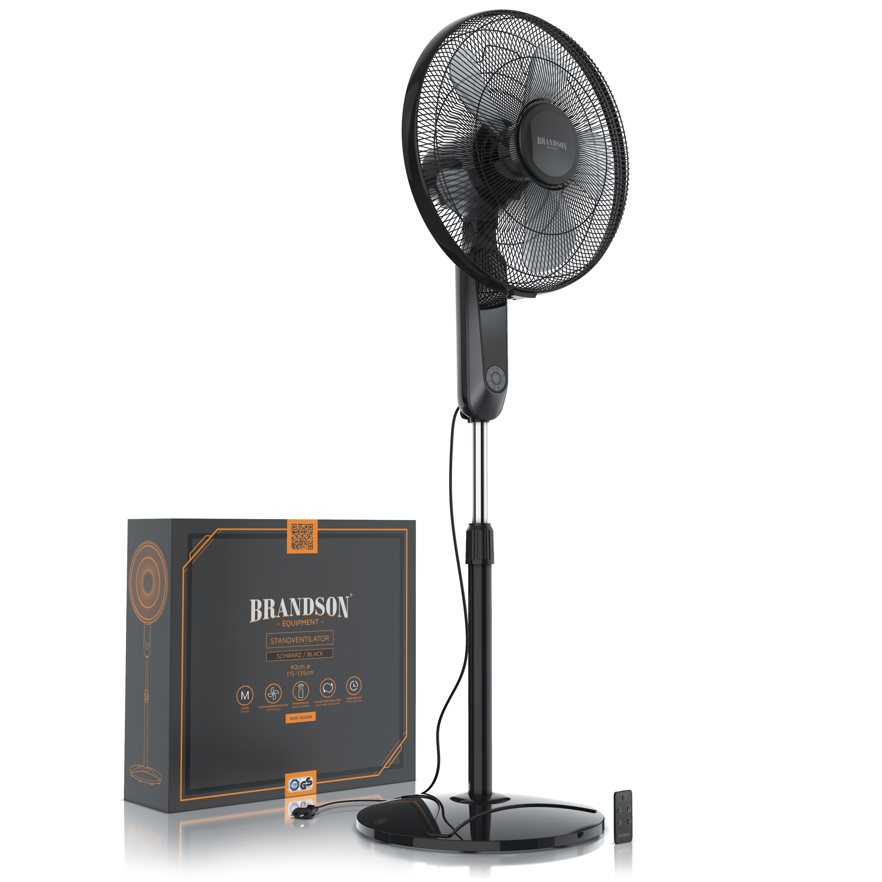 Brandson Standventilator in Schwarz mit schlankem Design, höhenverstellbarer Fernbedienung, daneben sichtbarer Verpackung.