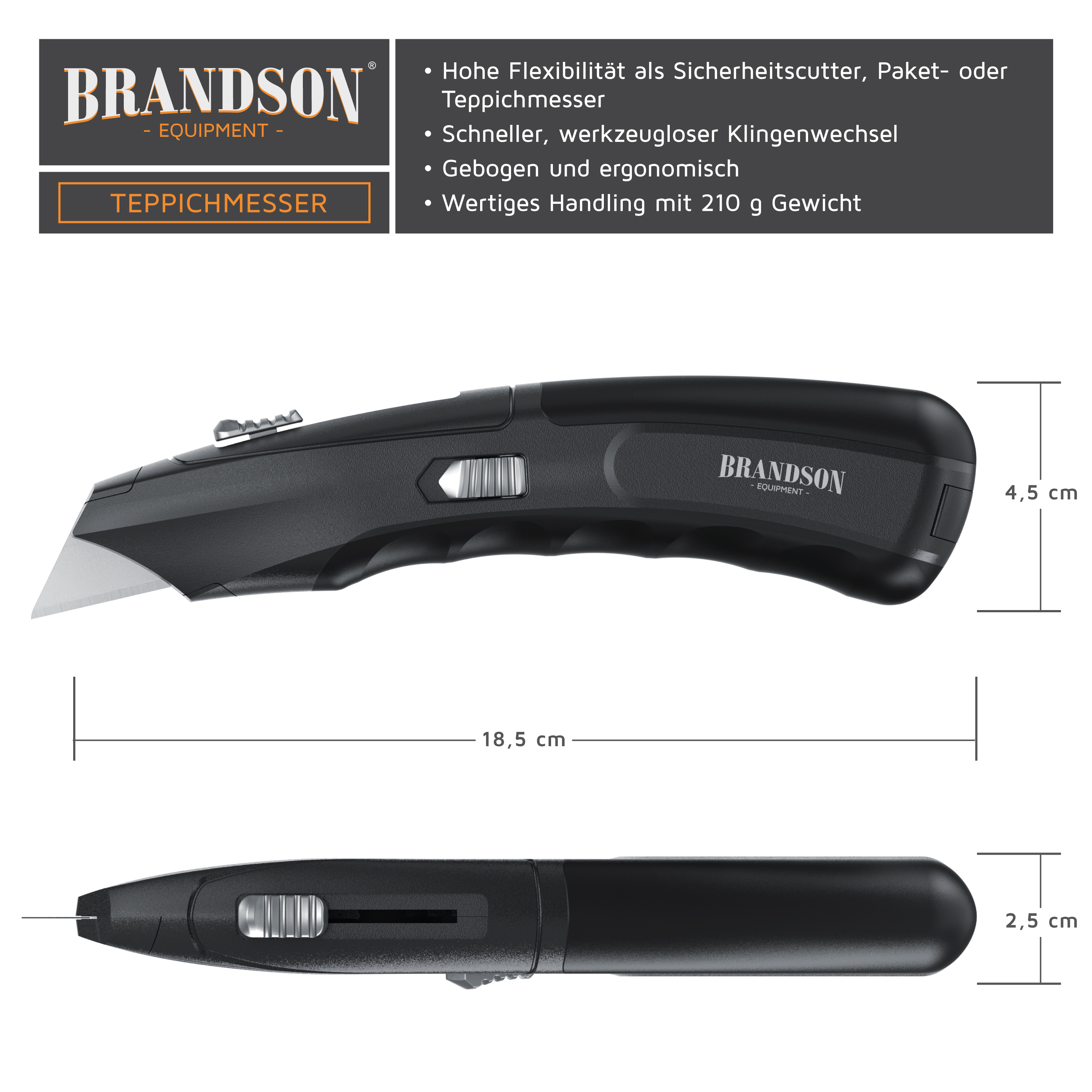 Brandson Teppichmesser mit ergonomischem Design, schwarzem Griff und werkzeuglosem Klingenwechsel, ideal für präzise Schneidarbeiten.