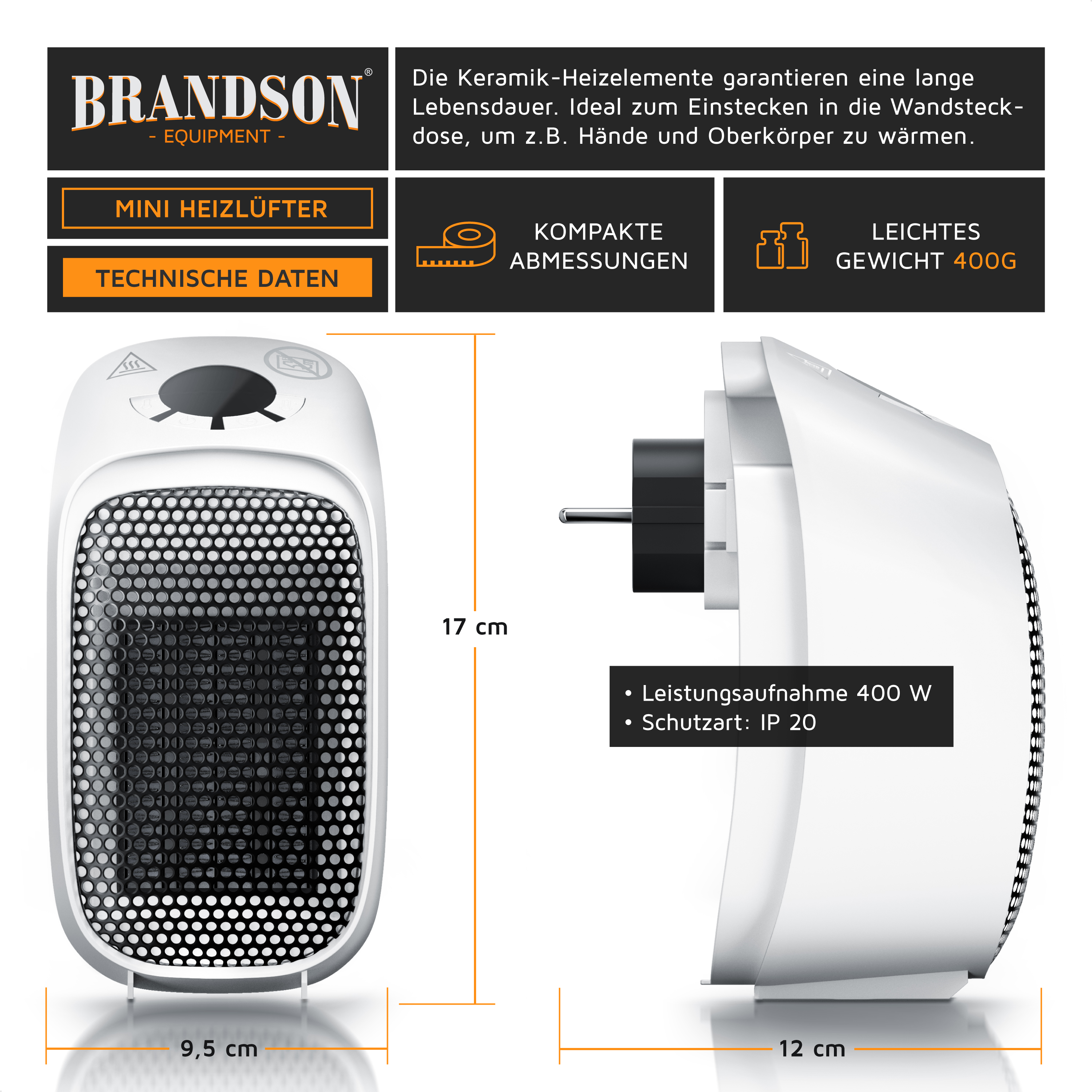 Brandson Mini Heizlüfter in kompakter Bauform, weiß mit schwarzem Gitter, ideal für Wandsteckdosen, leicht und tragbar.
