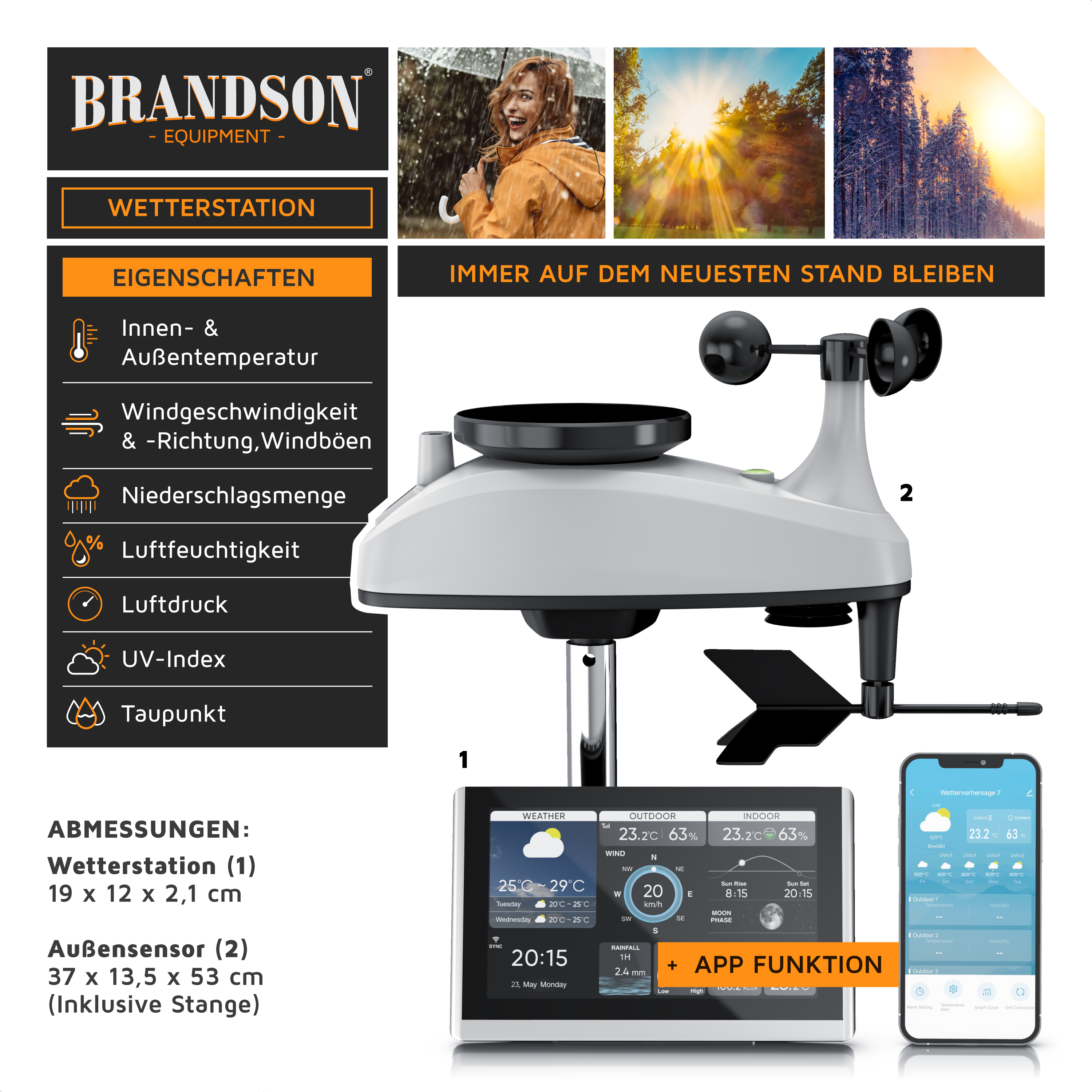 Brandson-Wetterstation mit Innen- und Außentemperaturanzeige, Windgeschwindigkeits- und -richtungssensoren sowie Smartphone-App-Funktionalität.