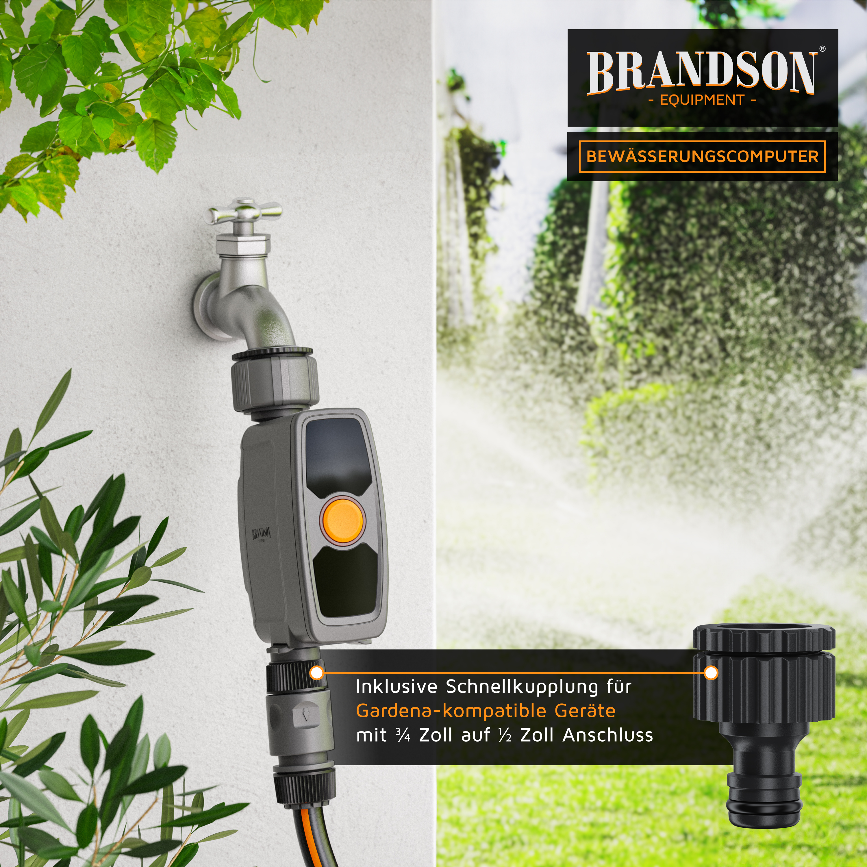 Brandson Bewässerungscomputer mit grauem Gehäuse, orangefarbener Taste und Schnellkupplung für Gardena-kompatible Geräte, montiert an einem Wasserhahn.