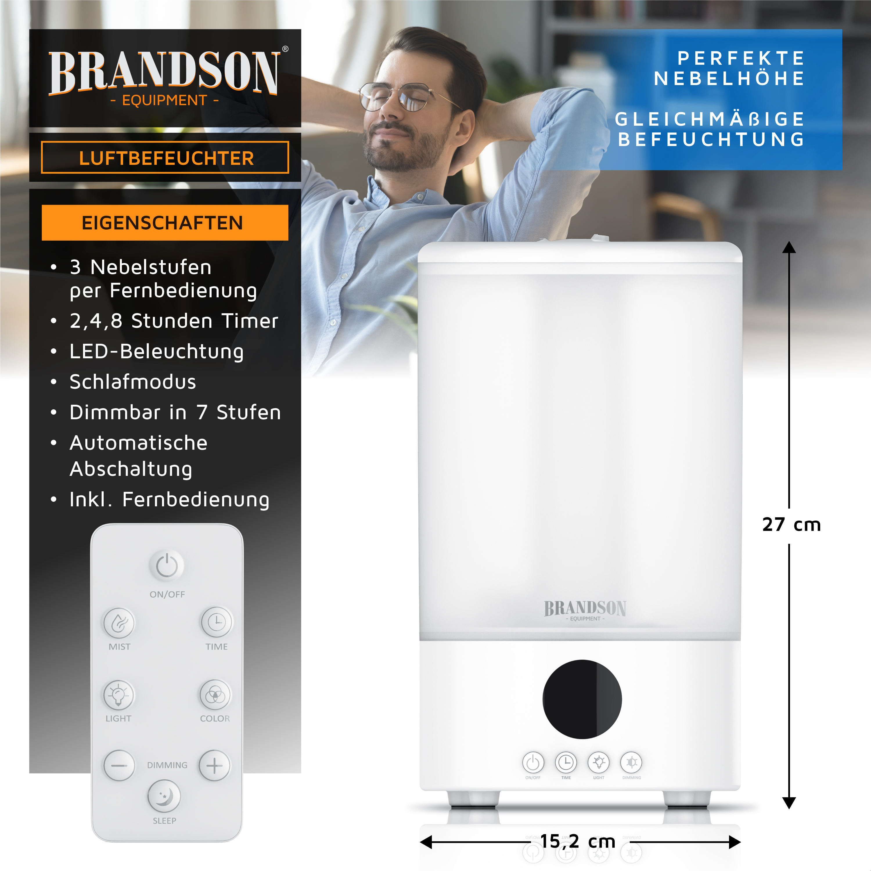 Brandson Luftbefeuchter in Weiß mit LED-Beleuchtung, Bedienfeld und Fernbedienung, ideal für gleichmäßige Befeuchtung.