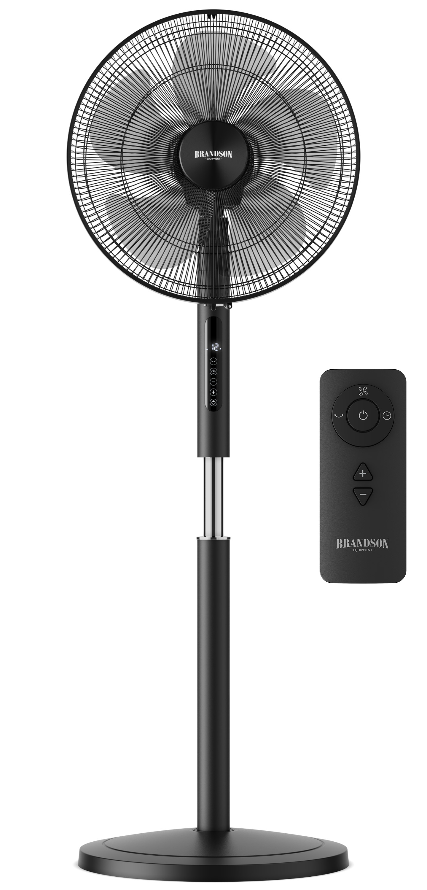 Standventilator von Brandson in Schwarz mit elegantem Design, Fernbedienung und höhenverstellbarer Funktion für individuelle Kühlung.