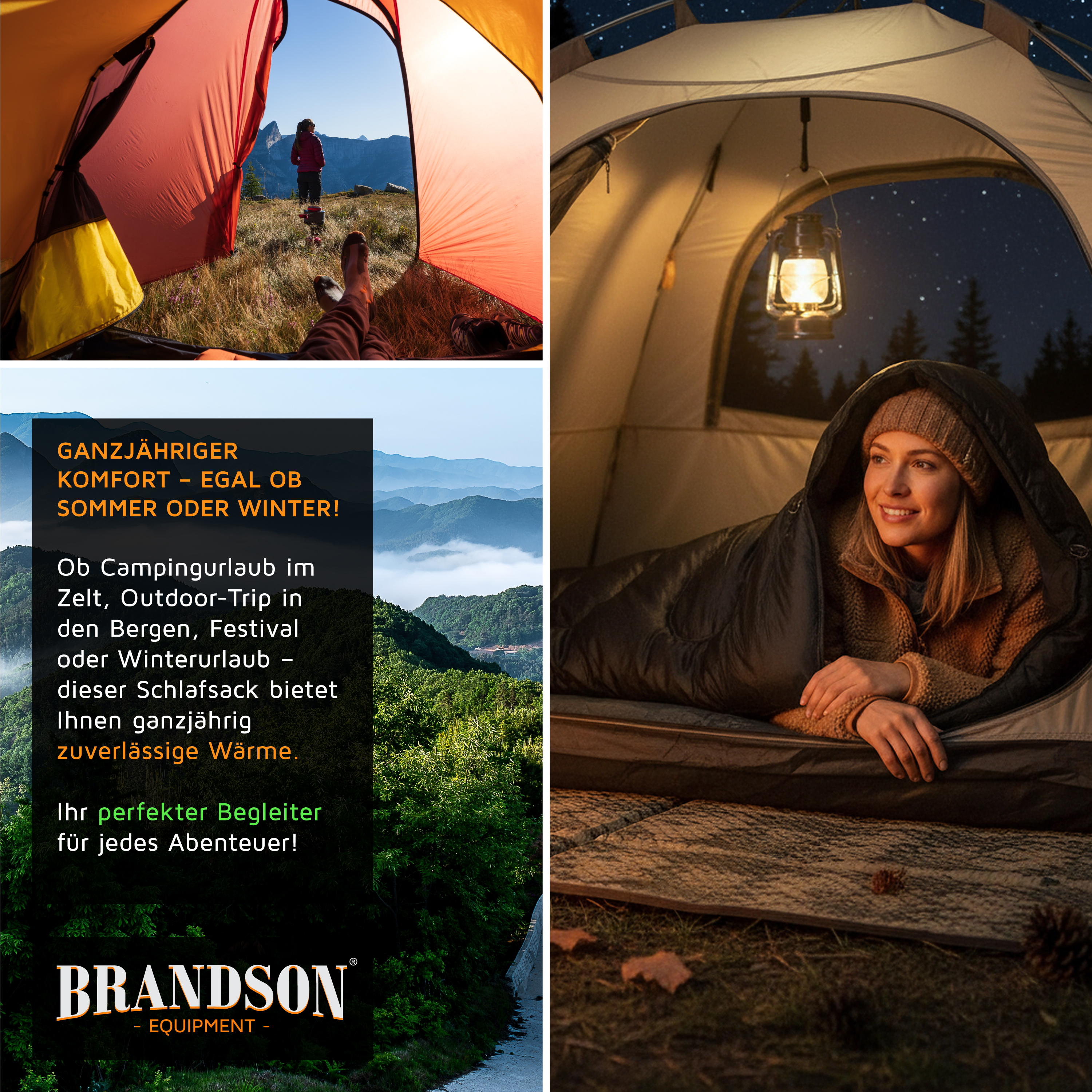 Brandson Schlafsack in dunkler Farbe, ideal für Camping, mit einer Person, die bequem darin liegt, umgeben von Zelt und Natur.
